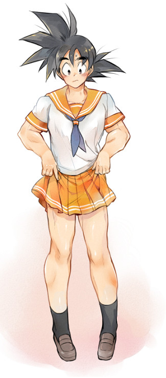 1boy anklehighs black_socks blush crew_socks crossdressing dragon_ball dragon_ball_z femboy femboy_dilf feminine_male fully_clothed gay girly holding_skirt male male_only pale_skin schoolgirl_uniform shoes skirt socks solo solo_male son_goku trap unknown_artist yaoi