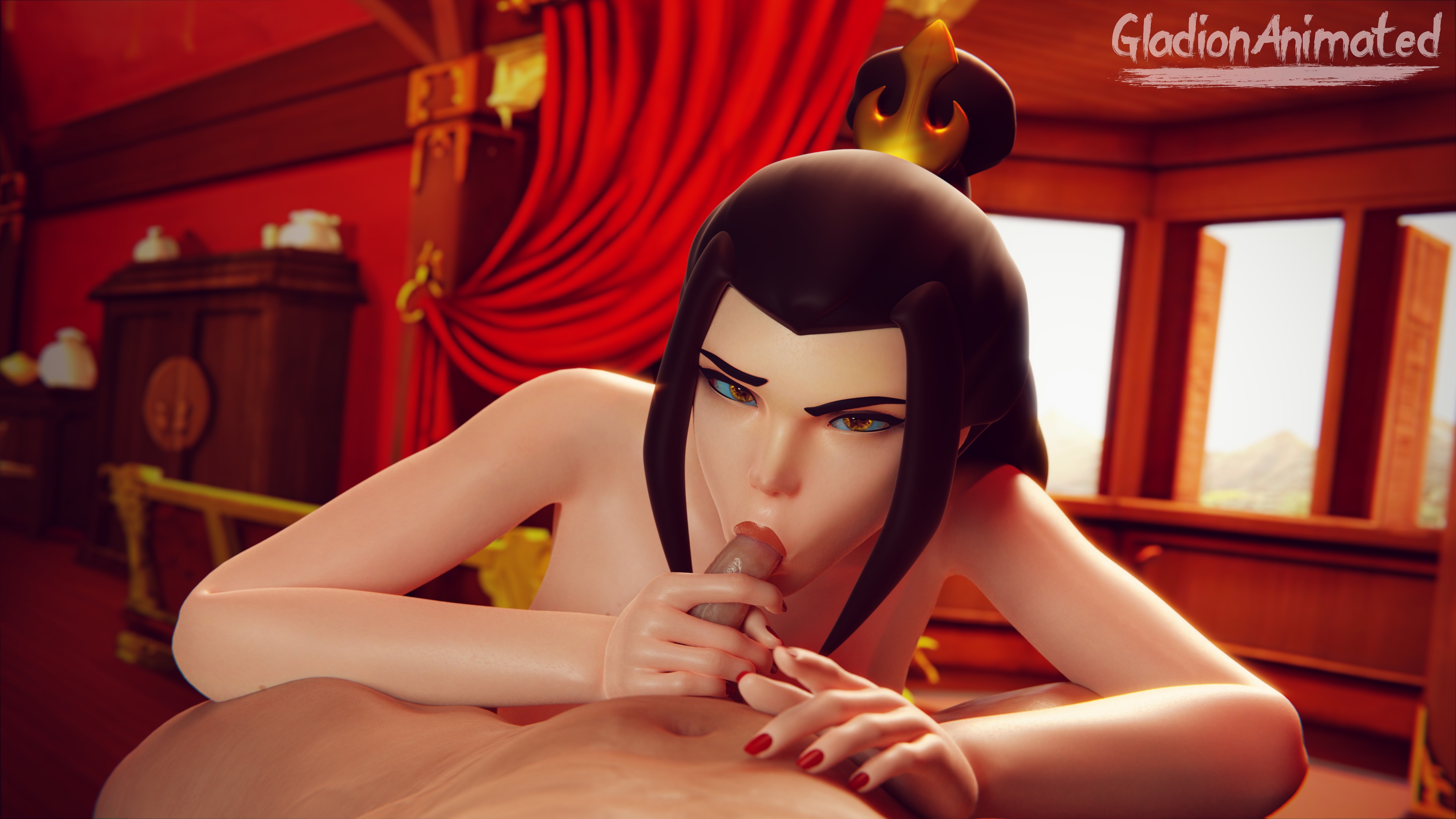 1boy, 1girls, 3d, avatar the last airbender, average sized penis, azula, female, gladionanimated, light skin, light-skinned female, light-skinned male, lipstick, male, nail polish, oral, partial male, penis, ponytail, pov, red lipstick, red nails, sucking, sucking penis