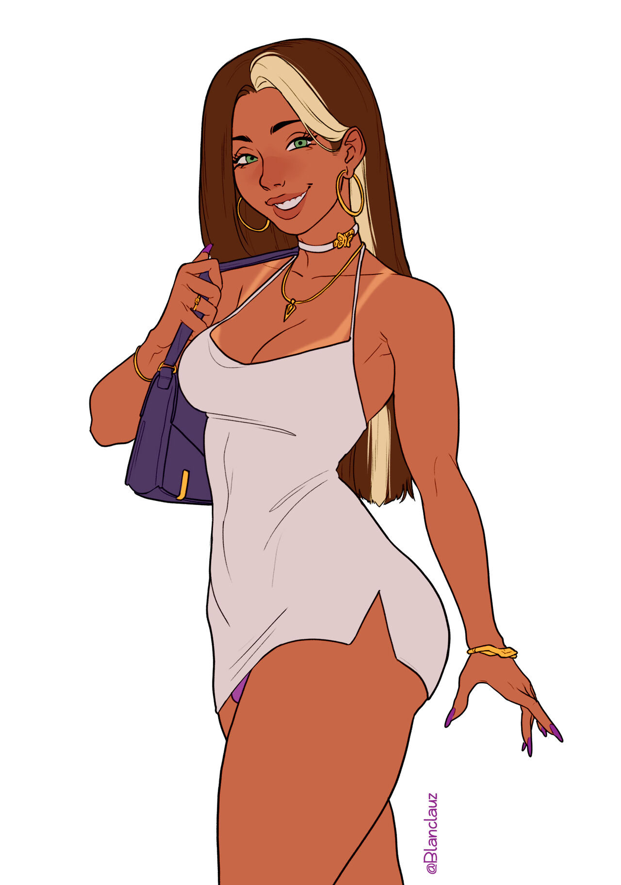 1girls, aged up, areolae, artist name, blanclauz, bracelet, breasts, brown hair, choker, cleavage, clothed, clothing, dark skin, dark-skinned male, dress, earrings, flaccid, fully clothed, green eyes, hoop earrings, human, long hair, male only, mature, medium breasts, necklace, nina (blanclauz), penis, purple nails, purse, ring, solo, standing, streaked hair, tan, tan body, tan-skinned male, tanline, tanned, thighs, trans woman, trans woman (lore), transfem, two-tone hair, white background, white choker, white dress