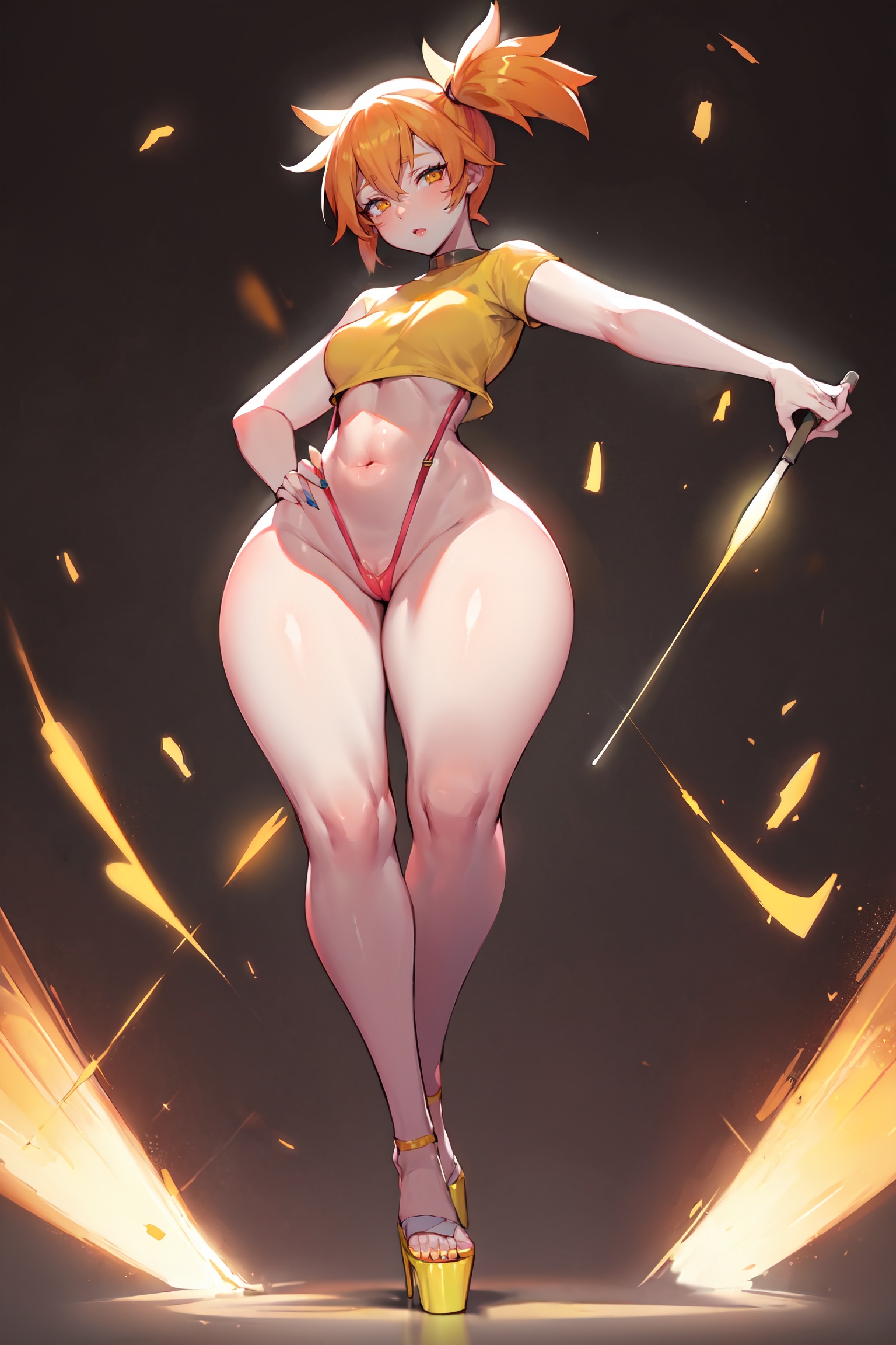 abs, ai generated, ass, asymmetrical hair, backboob, big ass, big butt, blush, breasts, clothing, female, female only, hair, hair tie, high resolution, huge ass, huge breasts, kasumi (pokemon), large ass, large breasts, legs, looking at viewer, muscles, orange eyes, orange hair, pokemon, pokemon (game), pokemon character, pokemon rgby, ponytail, pool, pussy, scrunchie, short ponytail, side ponytail, sideboob, simple background, solo, straight hair, thick, thick ass, thick thighs, thighs, thong, tied hair, vagina
