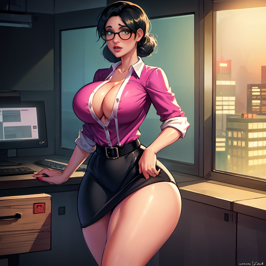 ai_generated big_ass big_breasts big_thighs bursting_breasts busty cixf cleavage dark_hair glasses hair_bun holding_skirt huge_ass huge_breasts miss_pauling office_lady purple_shirt short_skirt skirt team_fortress_2 tf2 thick_thighs thighs thunder_thighs thunderthighs