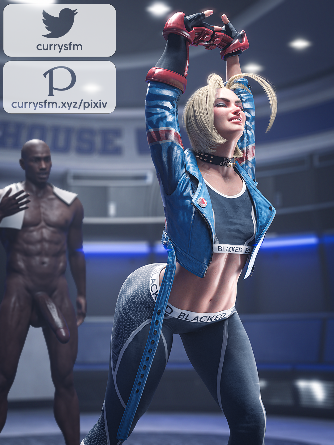 1boy, 1girls, 3d, abs, athletic, athletic female, big penis, blacked, blacked clothing, blonde hair, cammy stretch, cammy white, choker, clothed female nude male, currysfm, dark skin, dark-skinned male, erect penis, erection, female, fit, fit female, huge cock, imminent sex, interracial, jacket, large penis, leggings, light skin, light-skinned female, male, penis, raceplay, street fighter, street fighter 6, thin waist