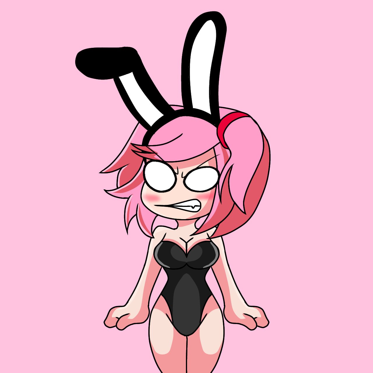 1girls alternate_version_available blush breasts bunny_ears bunnysuit cleavage doki_doki_literature_club doki_doki_takeover female female_only fnf friday_night_funkin girl natsuki_(doki_doki_literature_club) pink_background pink_hair solo solo_female solo_focus teeth teeth_clenched teeth_showing teeth_visible xeno_toonsalt