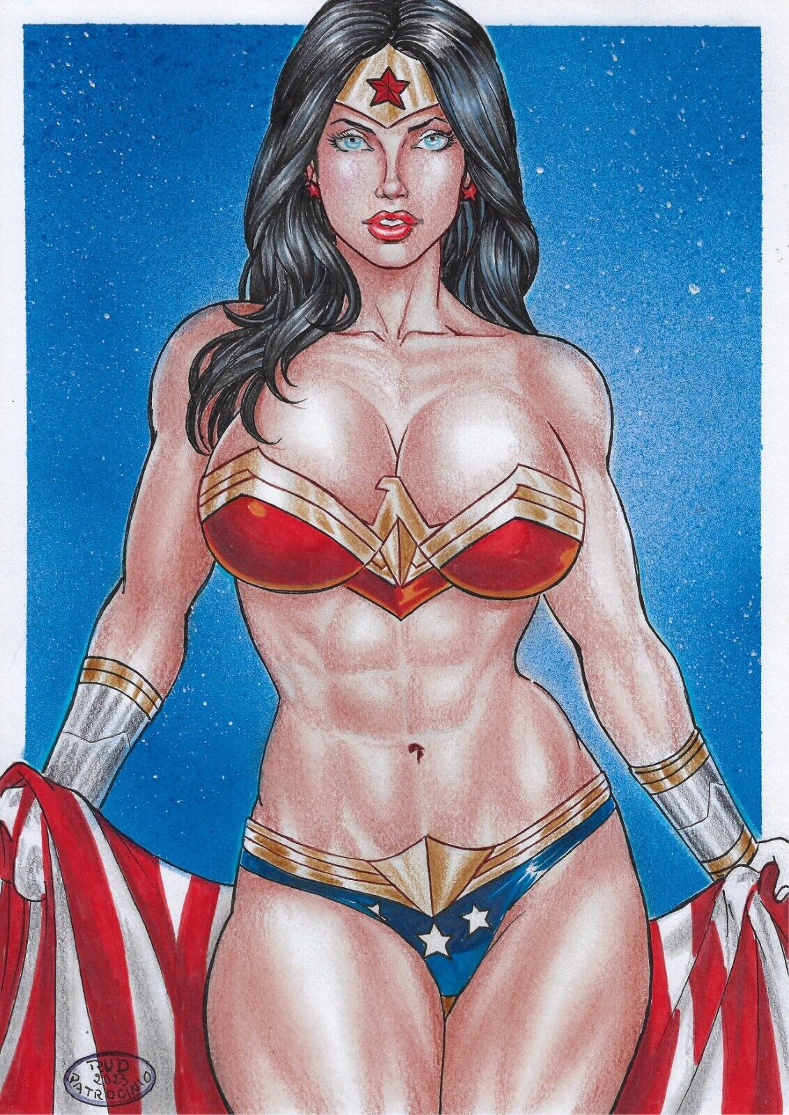 1girls 2023 american_flag black_hair blue_eyes curvaceous curvy_body curvy_female curvy_figure dc dc_comics diana_prince earrings ed_benes_studio female female_focus female_only fully_clothed hi_res long_hair rudimar_patrocinio seductive_look solo solo_female star_earrings tiara voluptuous voluptuous_female wonder_woman wonder_woman_(series)