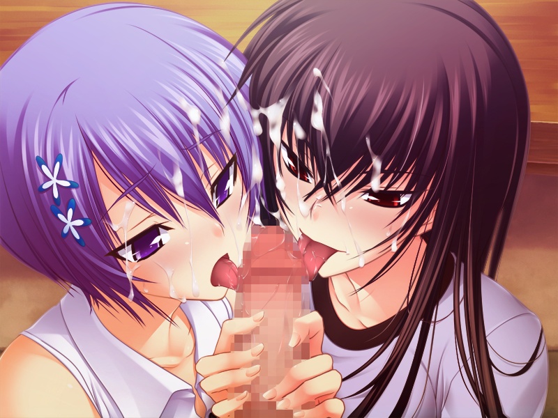 1boy 2girls black_hair blue_eyes blue_hair blush censored collaborative_fellatio cum fellatio game_cg kawagishi_keitarou kawakami_momoyo maji_de_watashi_ni_koi_shinasai! multiple_girls oppai red_eyes sex shiina_miyako short_hair teamwork very_long_hair