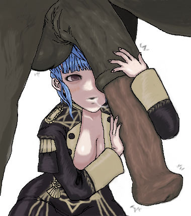 1girls balls blue_hair brown_eyes cartonmilk cleavage clothed cock_worship dorte_the_horse fire_emblem fire_emblem:_three_houses horse horsecock huge_balls huge_cock imminent_sex kneeling marianne_von_edmund saliva saliva_string saliva_trail throbbing throbbing_balls throbbing_penis zoophilia