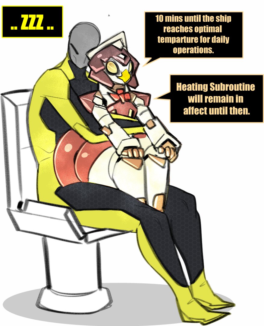 1boy, 1girls, 2021, ass, big ass, bodysuit, bottom heavy, chair, cute, dialogue, dongwongtang, english text, female, fully clothed, huge ass, hugging, hugging from behind, large ass, male, oc, original, original character, p.c.m, robot, robot girl, shortstack, sitting, sleeping, text, thick thighs, white background, zzz