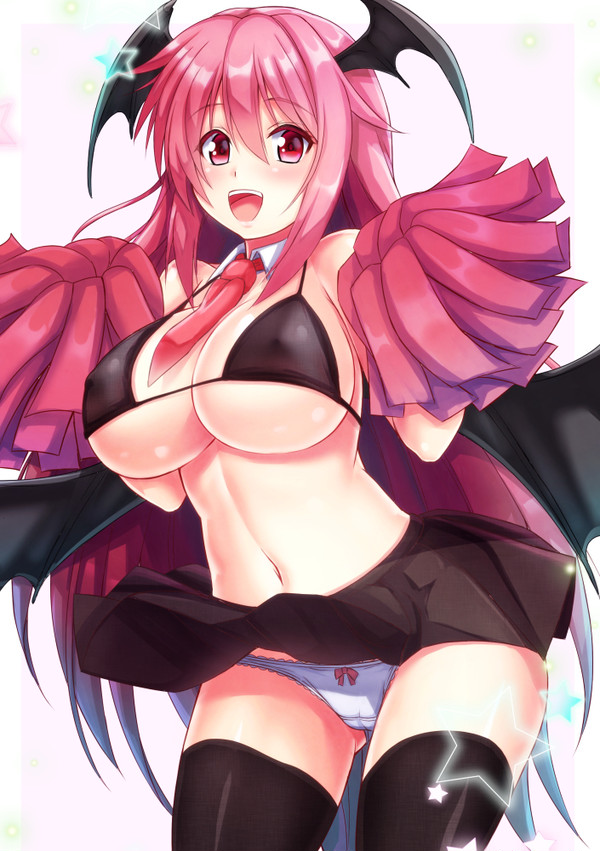 ass_visible_through_thighs bikini_top breasts ebi_193 female happy large_breasts light-skinned_female light_skin long_hair midriff nipple_bulge original panties pink_eyes pink_hair pom_poms skirt solo solo_female thick_thighs thighhighs thighs tie white_panties wings wings_on_head