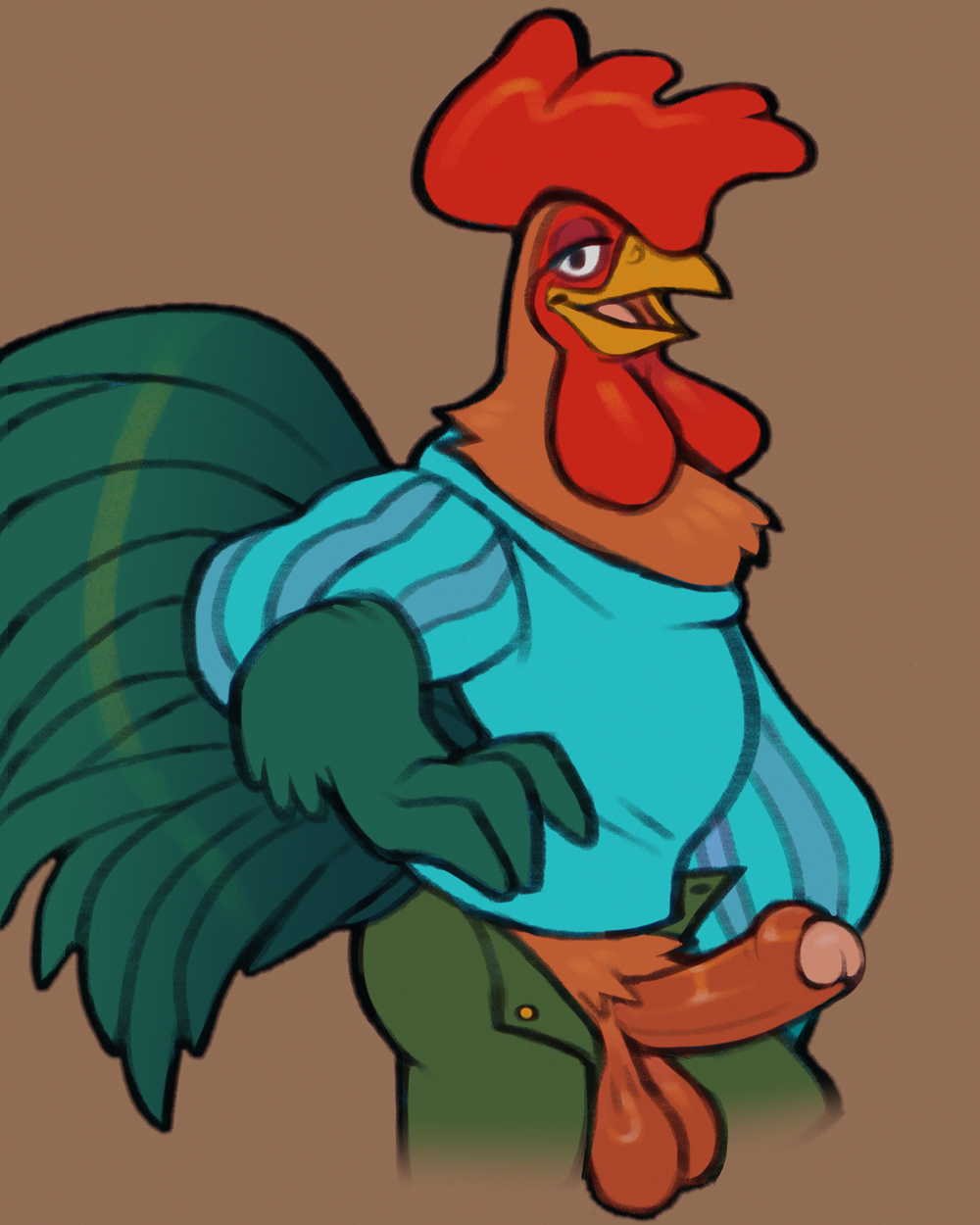 2023 alan_a_dale anthro avian balls bird captchevron chicken clothed clothing digital_media_(artwork) disney erection feathers galliform gallus_(genus) genitals half-closed_eyes hand_on_hip hi_res looking_at_viewer male male_only narrowed_eyes open_mouth penis phasianid robin_hood_(disney) saggy_balls solo standing