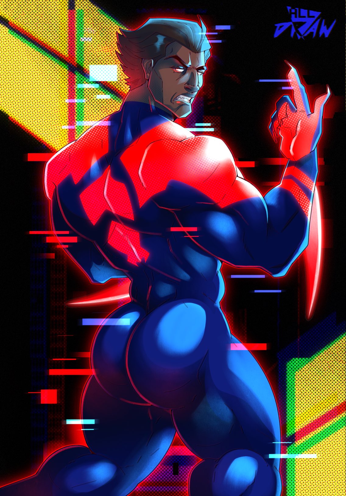 1boy, all draw, ass, ass focus, big ass, big butt, brown hair, fat ass, fat butt, fully clothed, huge ass, huge butt, looking back, male, male only, marvel, marvel comics, miguel o'hara, red eyes, solo, spider-man, spider-man (series), spider-man 2099, spider-man: across the spider-verse, thick ass, thick butt