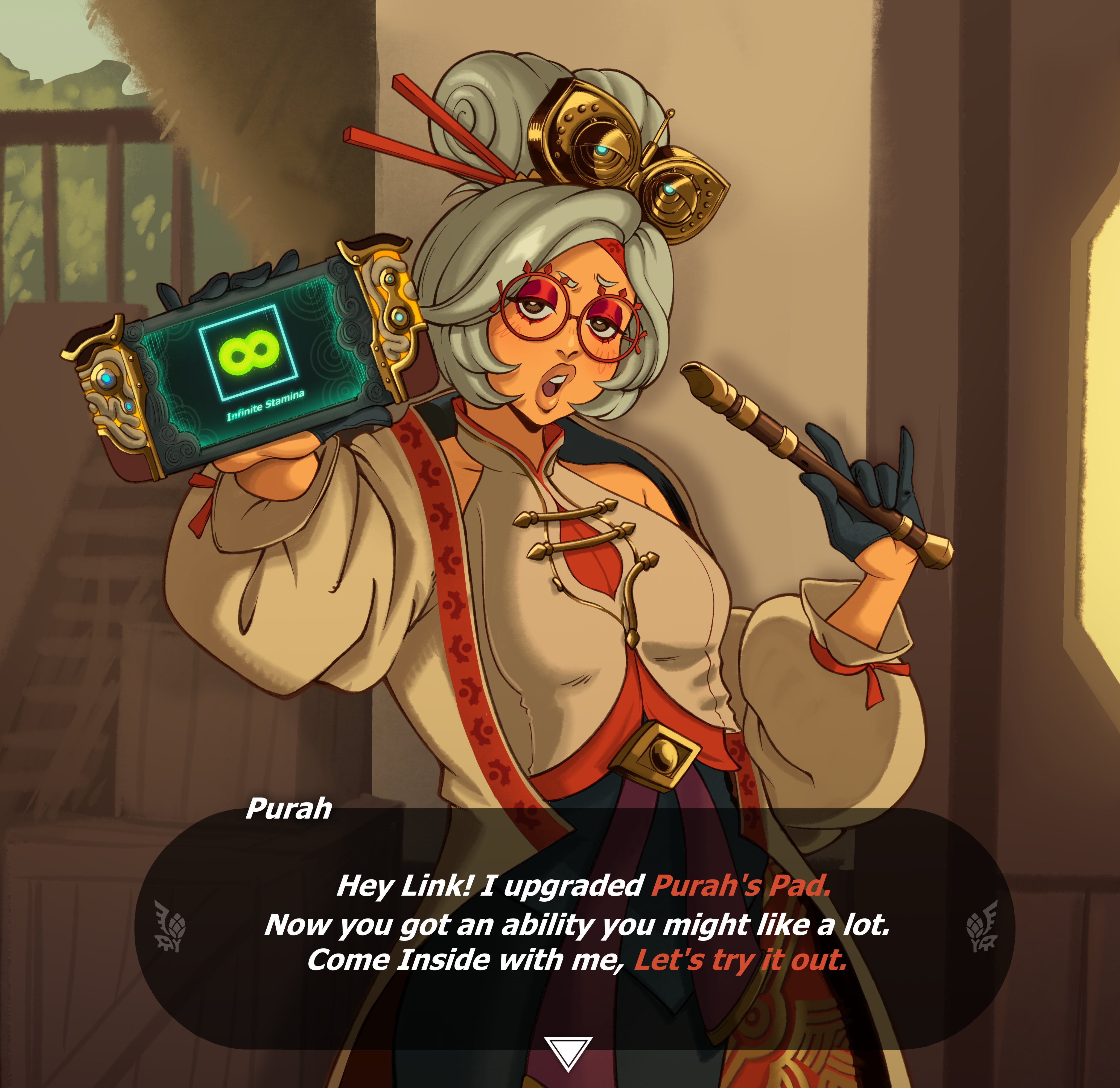 1girls, absurd res, blush, dialogue, english text, female, female only, glasses, link, link (tears of the kingdom), looking at viewer, narrowed eyes, nintendo, pepprnsalt, purah, purah (tears of the kingdom), solo, talking to viewer, tears of the kingdom, text box, the legend of zelda, white hair