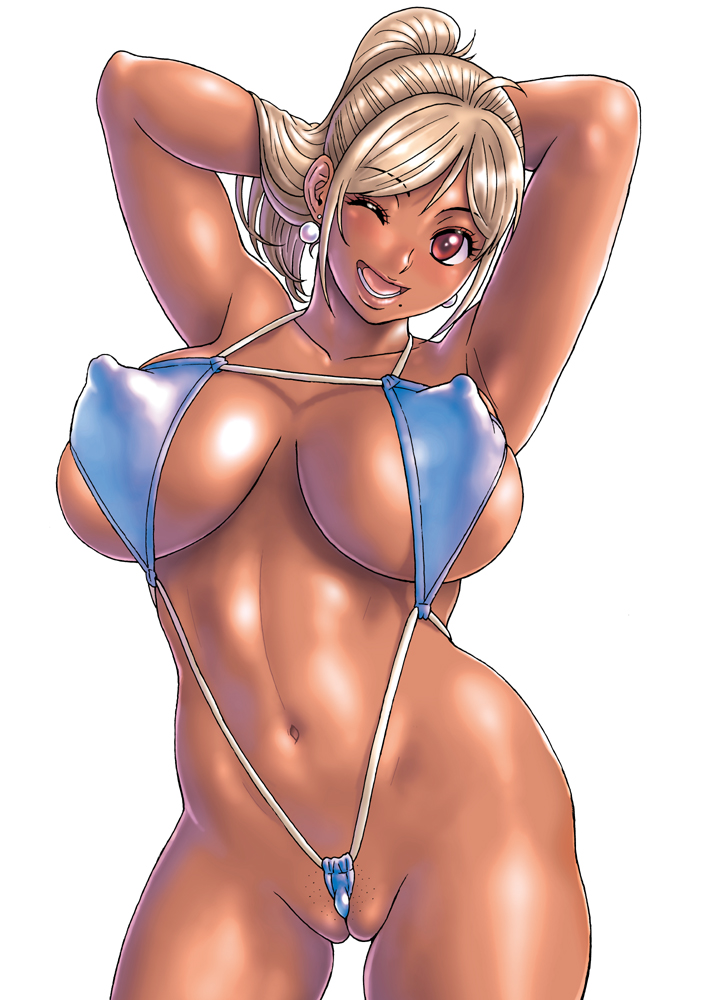 1girls abs big_breasts blonde_female cameltoe clitoral_hood covered_nipples dark-skinned_female dark_skin erect_nipples gyaru hagure_idol_jigokuhen misora_haebaru muscular_female nipples one_eye_closed pubic_hair pussy shaved_crotch shaved_pussy sling_bikini slingshot_swimsuit solo takatou_rui wink