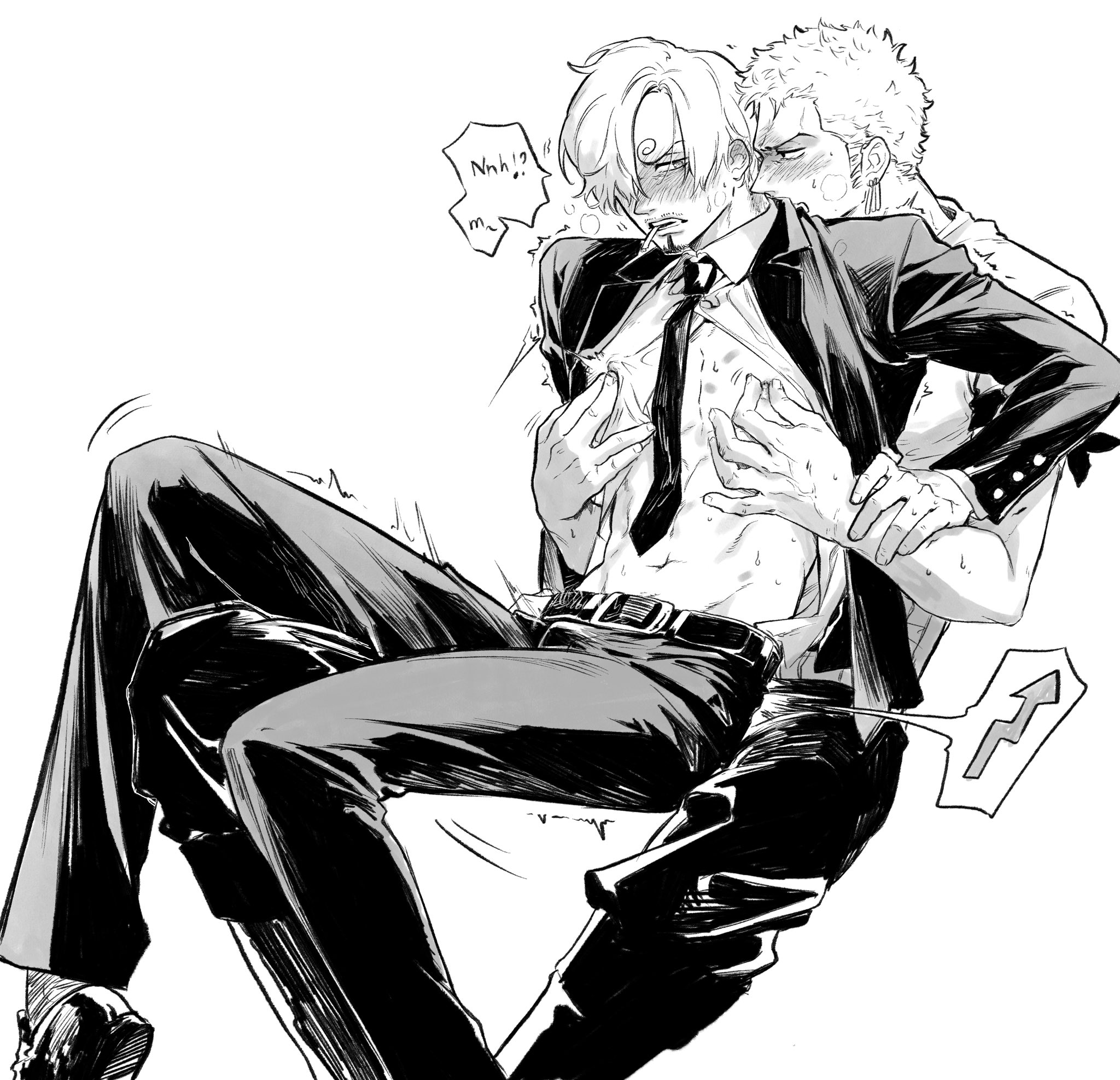 2boys, blush, breath, bulge, cigarette, erect nipples under clothes, erection under clothes, facial hair, from behind, gay, goatee, hair over one eye, jennyandloiryan, male, male only, monochrome, necktie, nipple pinch, nipple play, nipple tweak, one piece, open shirt, post-timeskip, roronoa zoro, sitting, sitting on lap, smoking, suit, sweat, vinsmoke sanji, yaoi