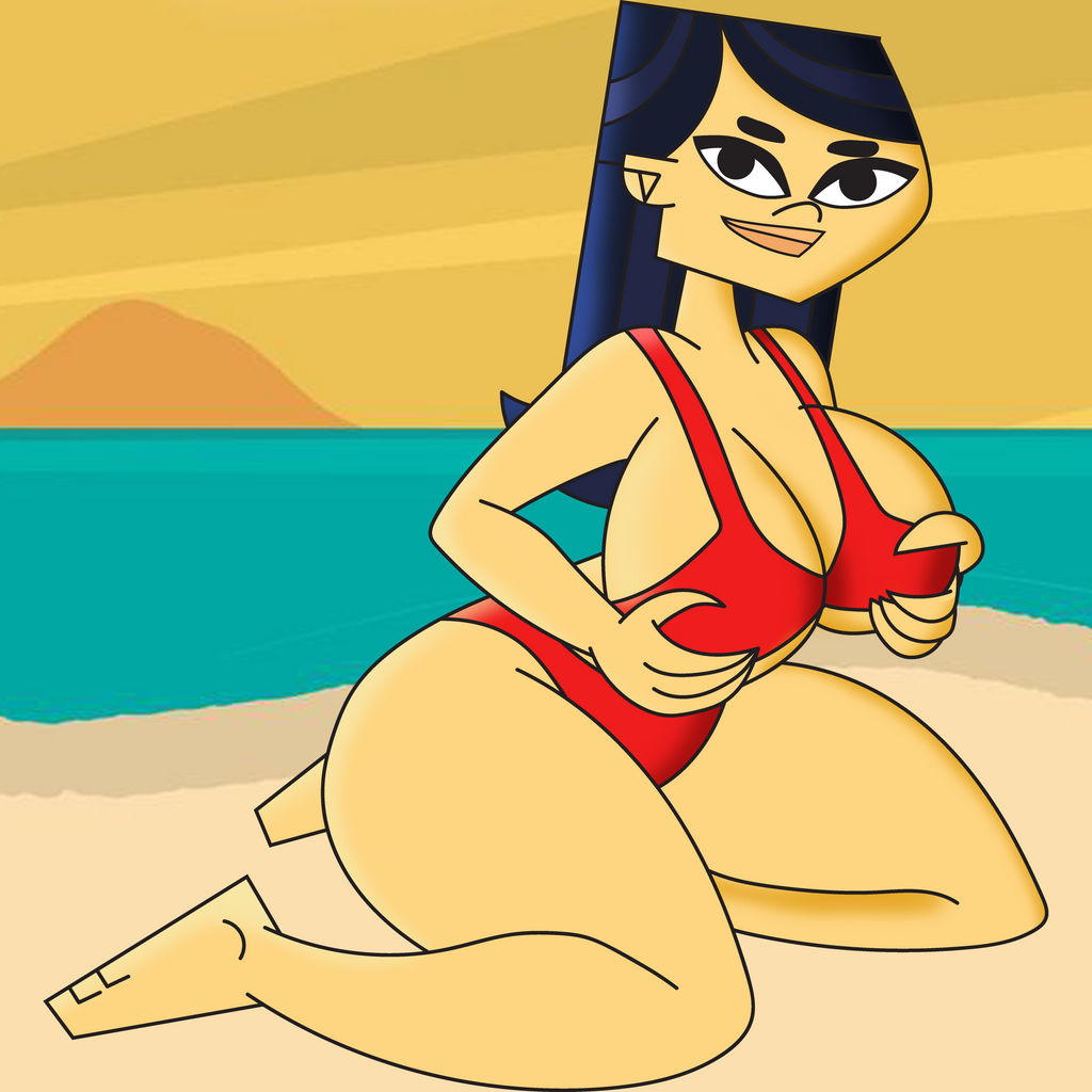 beach bikini bikini_bottom bikini_top blue_hair cupping_breasts curvy_female emma_(tdi) facing_viewer holding_breast ocean on_sand terrorking10 the_ridonculous_race total_drama_(series) total_drama_island