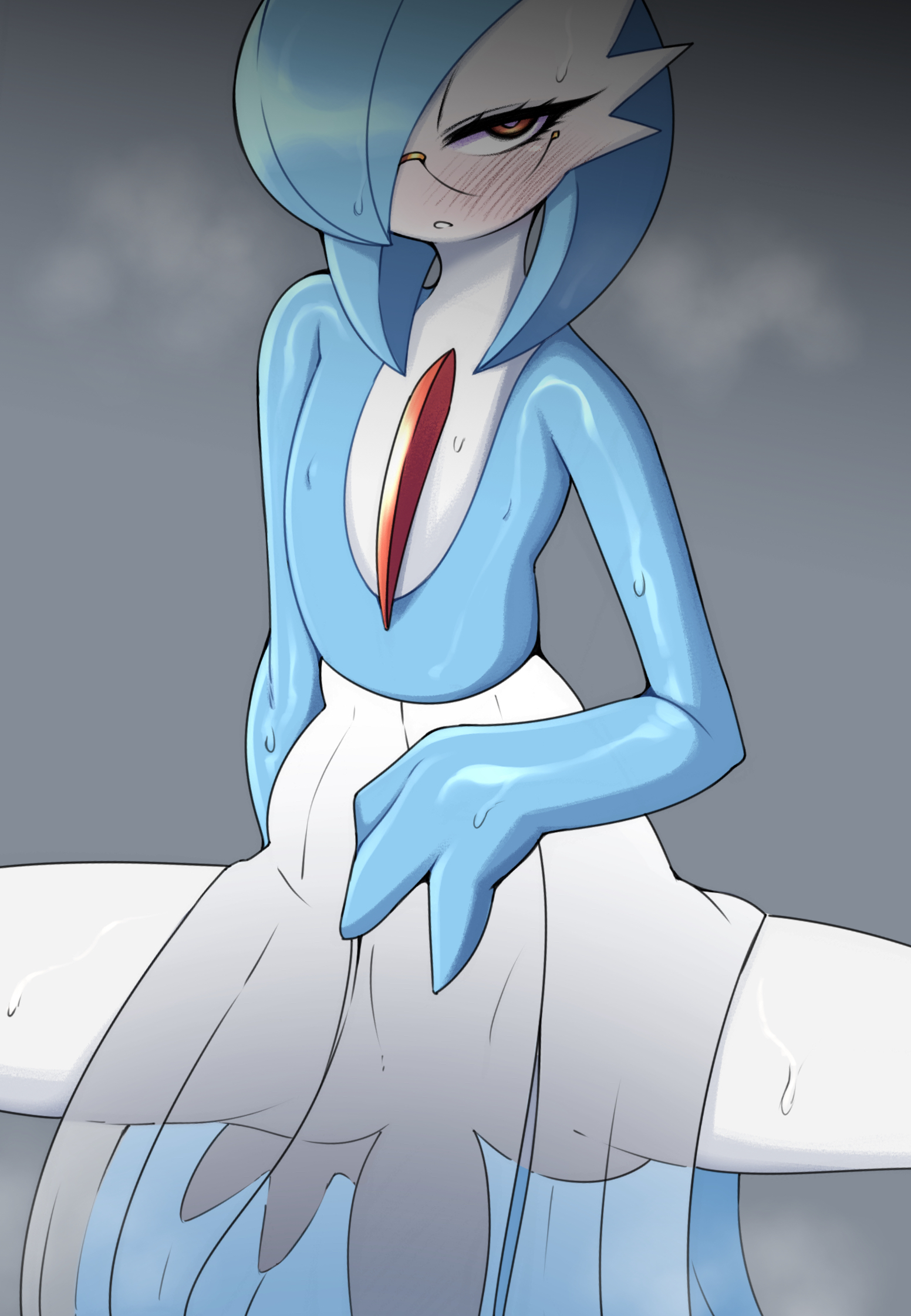 blush, cowgirl position, female, game freak, gardevoir, generation 3 pokemon, glasses, humanoid, looking at viewer, male, male gardevoir, penetration, penis, pokémon (species), pokemon, pokemon (species), saltyxodium, shiny pokemon, sweaty, tagme
