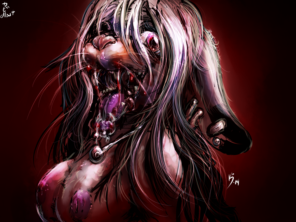 2014 anthro bodily_fluids breasts dlost drooling ear_piercing ear_ring female lagomorph leporid mammal nipples nude open_mouth piercing rabbit red_background ring_piercing saliva simple_background solo teeth tongue tongue_out