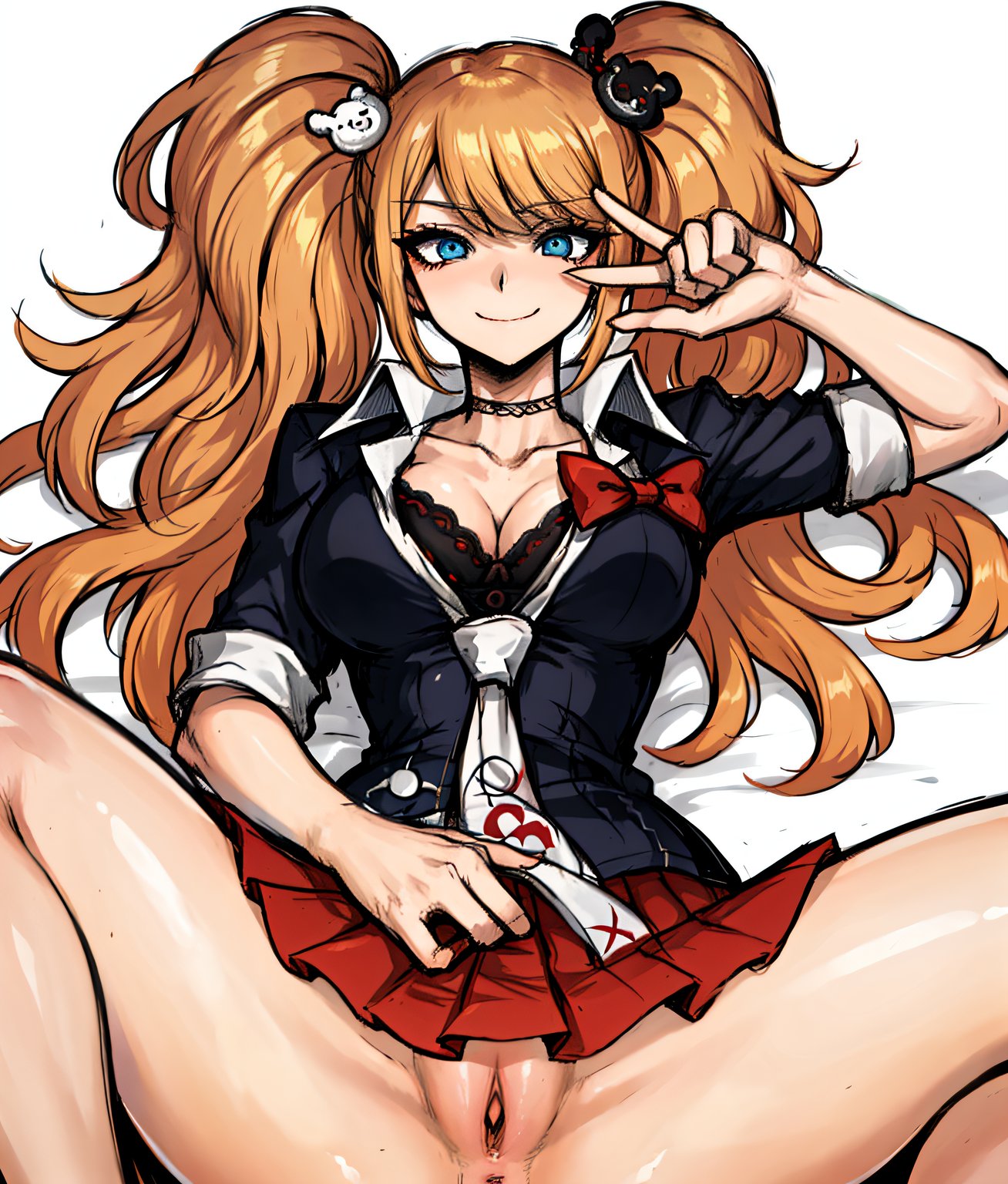 1girls, ai generated, danganronpa, female, junko enoshima, leukocrisp, no panties, pussy, solo, stable diffusion