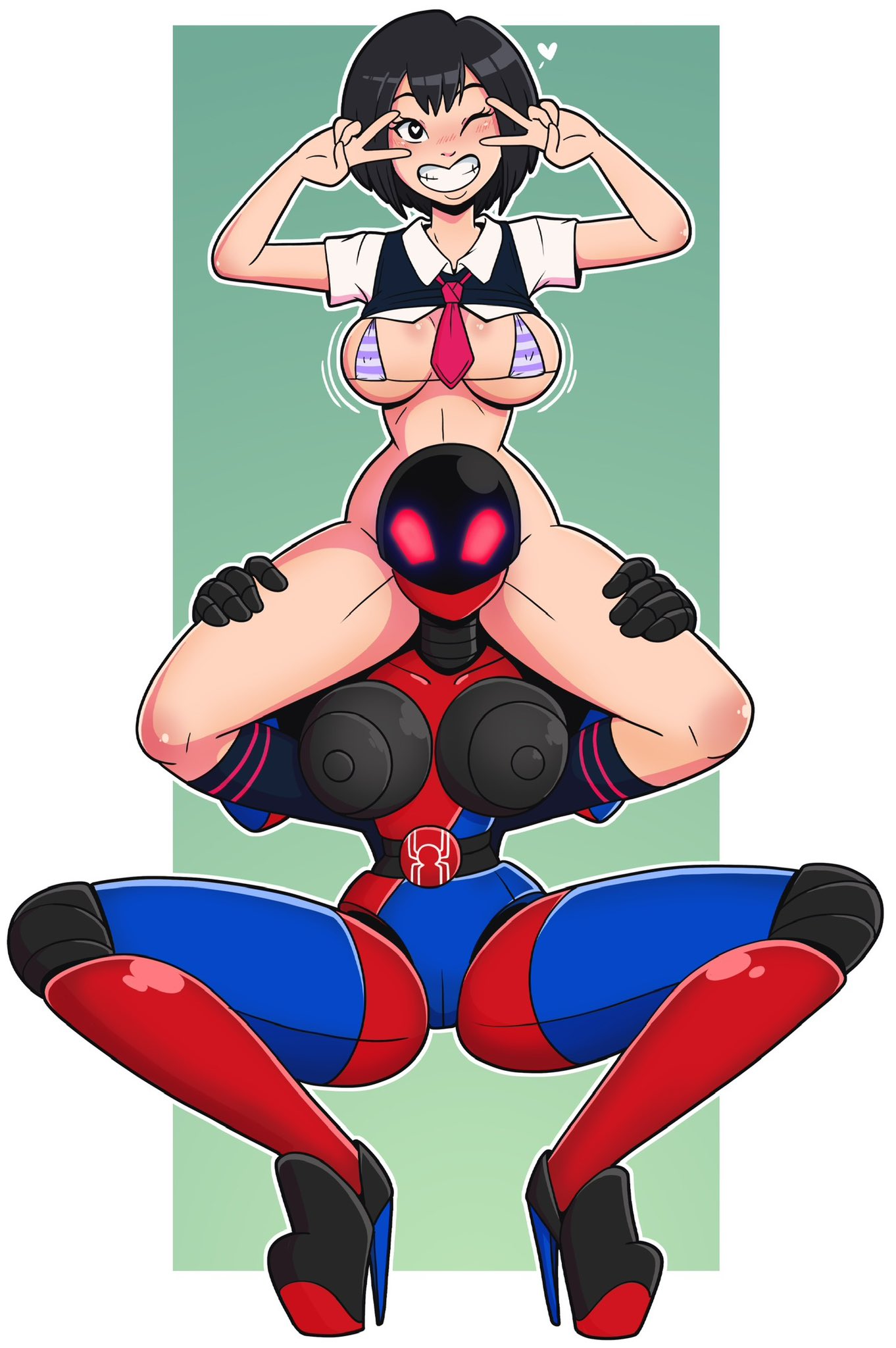 aged up, asian, bimbo, bimbofication, bra, breasts, female, female only, high heels, huge breasts, implied transformation, marvel, marvel comics, midriff, navel, one eye closed, peni parker, smile, sp//dr, spider-man (series), spider-man: into the spider-verse, tagme, thick thighs, transformation, v, wide hips, wrenzephyr2