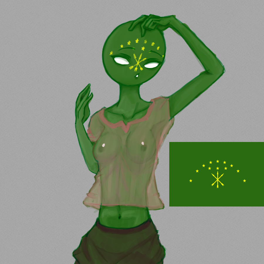 1girls adygea_(countryhumans) belly_button clothing countryhumans countryhumans_girl eyebrows female female_only flag gray_background green_body green_nipples green_skin nipples_visible_through_clothing no_pupils redcosmos see-through_clothing simple_background skirt small_breasts statehumans statehumans_girl white_eyes