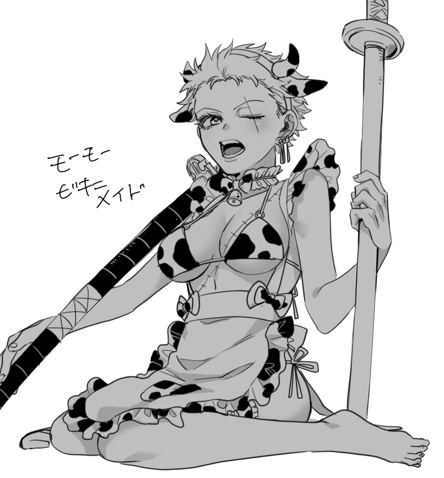 alternate_costume apron barefoot bikini choker cow_bikini cow_ears cow_girl cow_horns cow_maid_bikini cow_print cowbell facial_scar fake_animal_ears female female_only full_body genderswap_(mtf) izayoi0820 katana looking_at_viewer maid_uniform medium_breasts meme_attire monochrome one_eye_closed one_piece open_mouth roronoa_zoro rule_63 scar scar_across_eye scared short_hair sitting solo sword tomboy underboob very_short_hair waist_apron wariza weapon