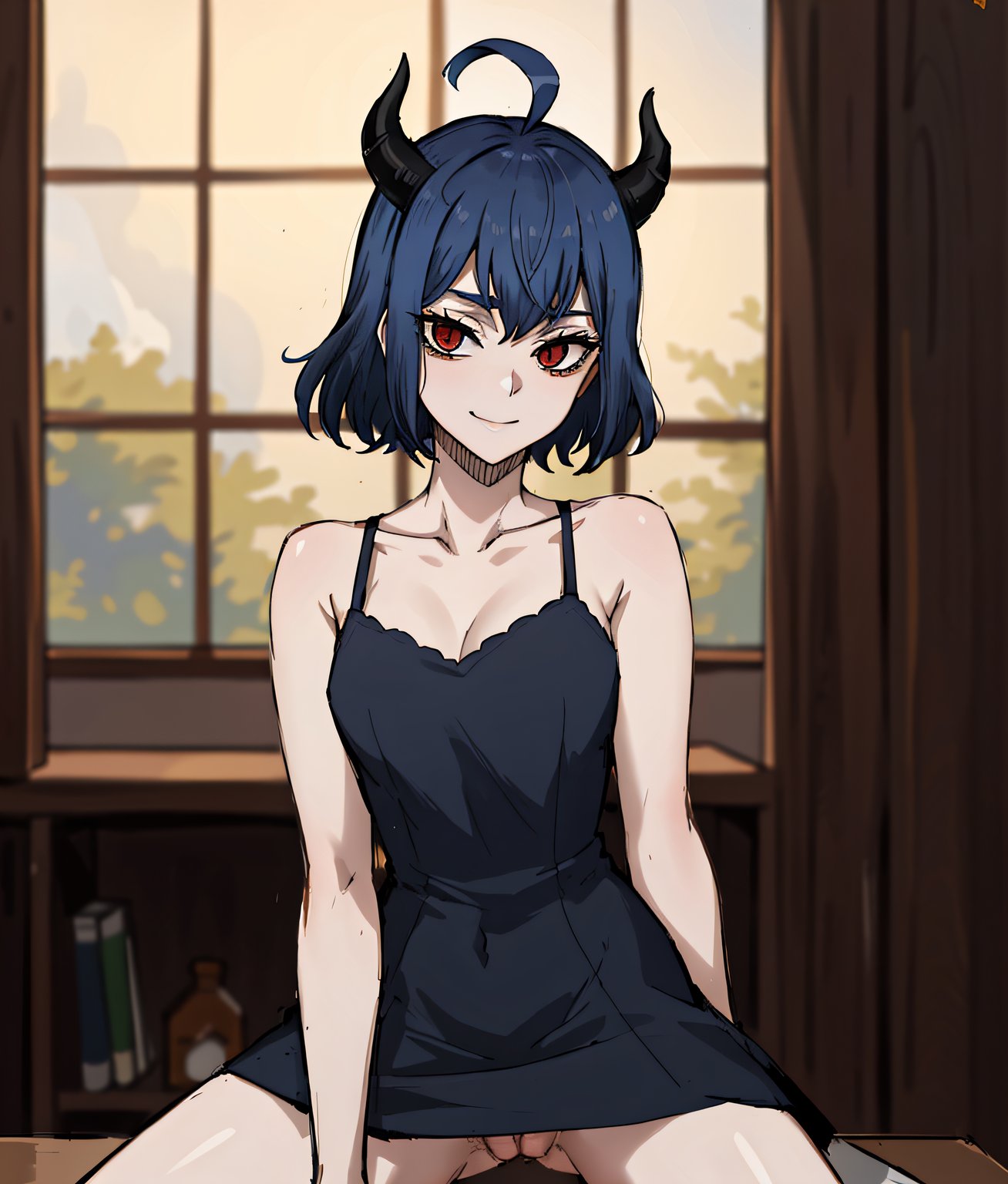 1girls, 2023, ai generated, anime nose, black clover, clothed female, female, horned female, horned humanoid, horns, indoors, leukocrisp, no panties, pussy, secre swallowtail, sitting, stable diffusion, uncensored