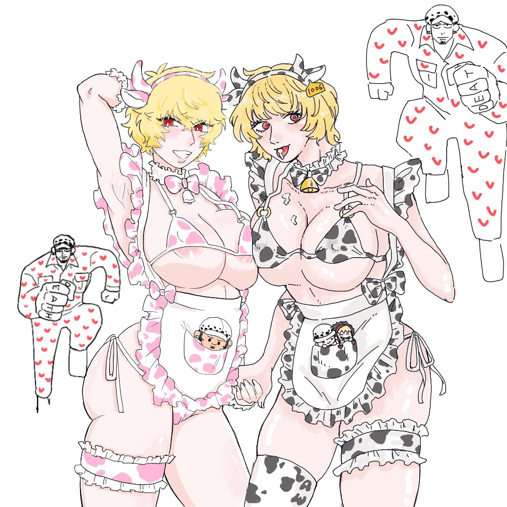 2girls areola_slip armpit big_breasts bikini blonde_hair breast_squish cheesecake_1220 cleavage clone collaboration cow_bikini cow_ears cow_girl cow_horns cow_maid_bikini cow_print cowbell donquixote_rosinante fake_animal_ears female female_focus garter genderswap_(mtf) holding_hands large_areolae lingerie looking_at_viewer maid_uniform male meme_attire meshi_kome one_piece plushie red_eyes rule_63 short_hair side-tie_bikini single_thighhigh smile tongue_out trafalgar_law underboob very_short_hair waist_apron