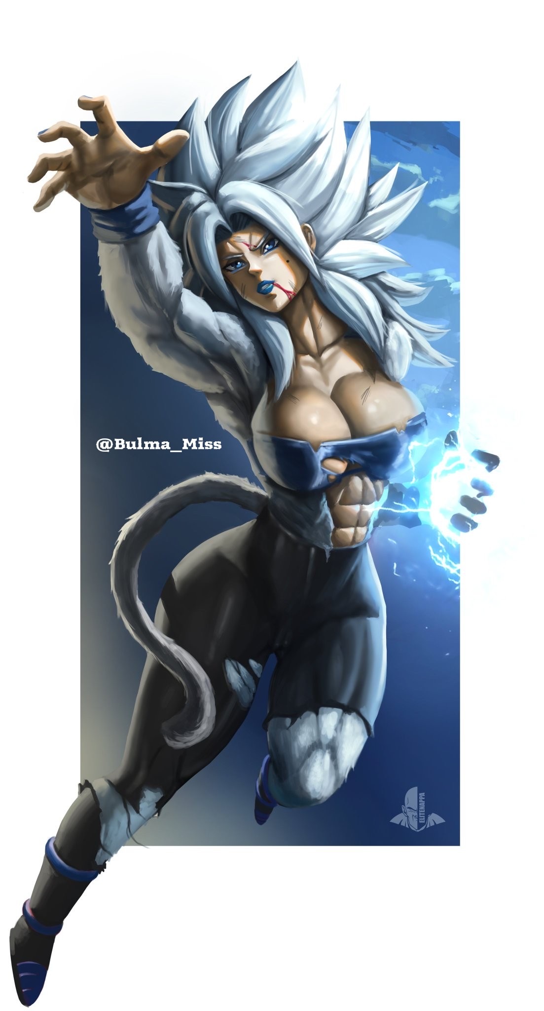 1girls big_breasts blood blood_drip blood_on_face blue_eyes blue_lipstick boots bruise bruises commission dragon_ball dragon_ball_gt dragon_ball_super dragon_ball_xenoverse dragon_ball_z elitenappa energy_ball female female_only female_saiyan latex leggings light-skinned_female lunna oc original_character saiyan_tail solo super_saiyan_4 super_saiyan_5 thick_thighs torn_clothes