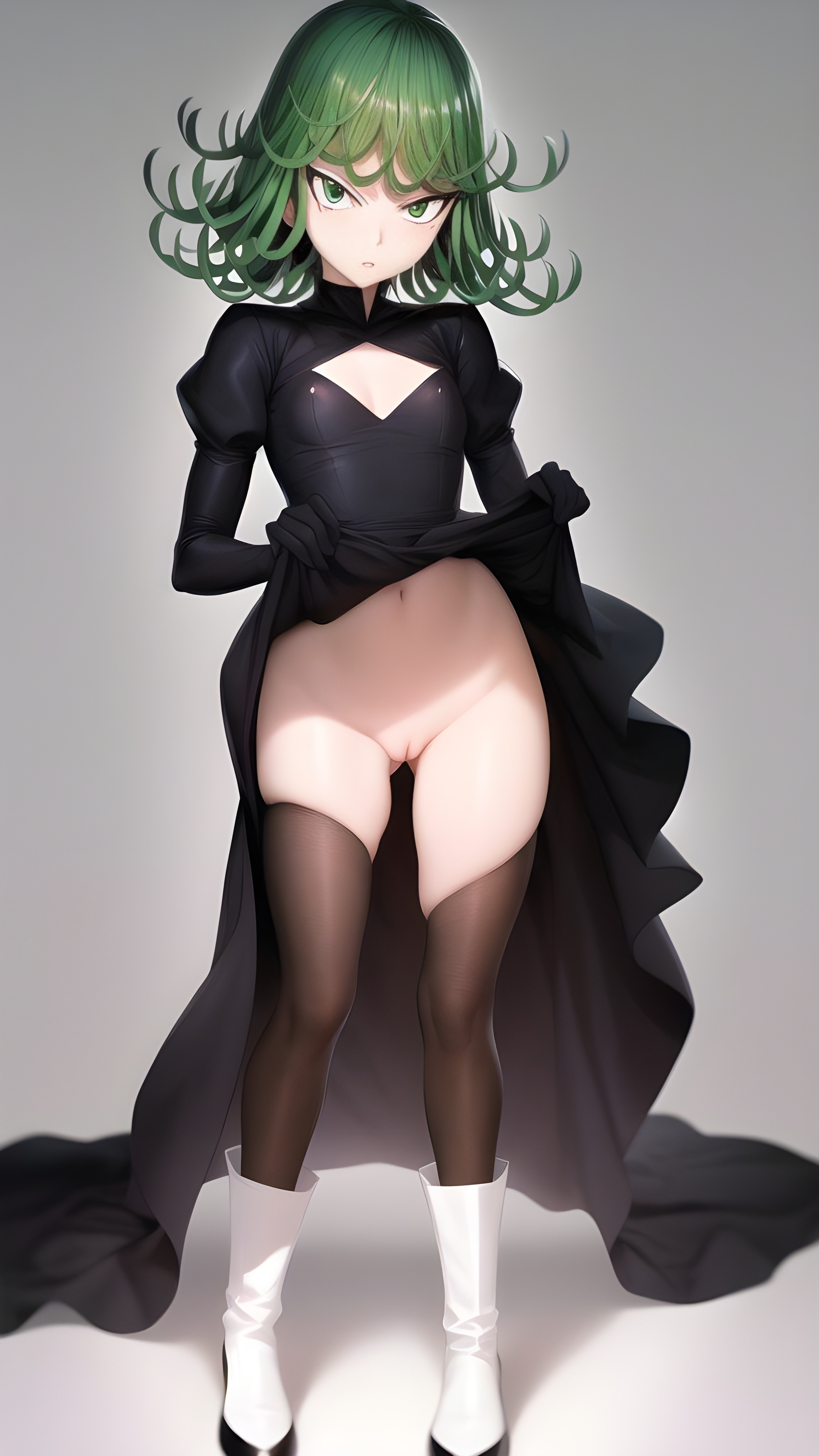1girls, ai generated, curly hair, dress, dress lift, female, female only, green eyes, green hair, innie pussy, light skin, light-skinned female, no panties, one-punch man, pussy, short hair, stockings, tatsumaki, white background, white boots