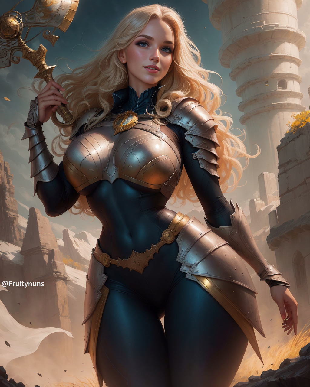 1girls, 2023, ai generated, armor, athletic, athletic female, background, blonde female, blonde hair, blue bodysuit, blue eyes, bodysuit, clothed, curvy, female, female only, fruitynuns, human, league of legends, league of legends: wild rift, looking at viewer, luxanna crownguard, outdoors, riot games, seductive smile, shoulder armor, silver hair, smile, stable diffusion, standing, voluptuous, voluptuous female