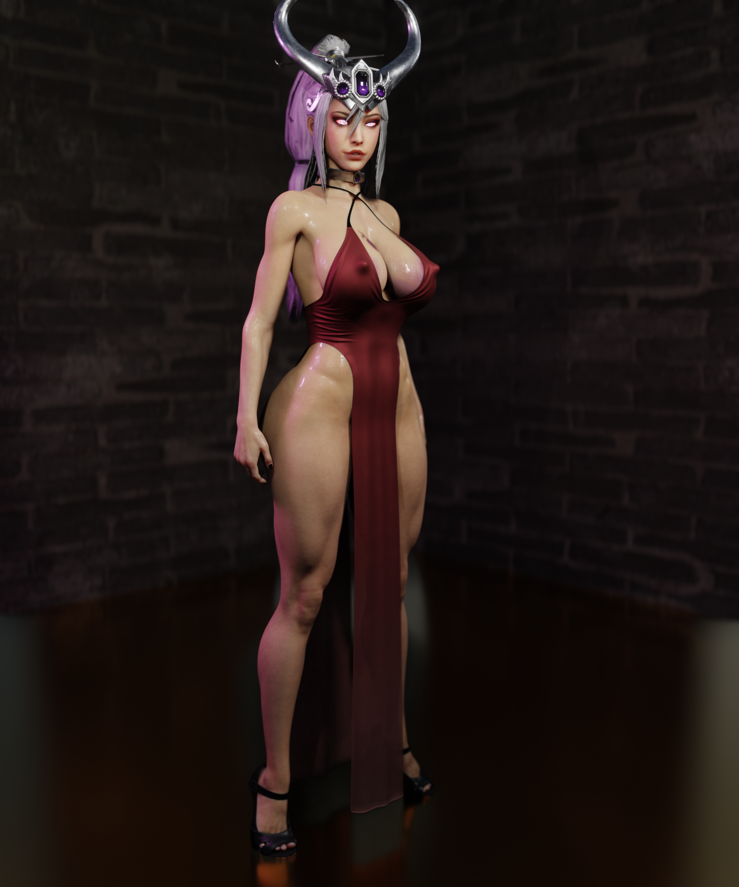 1girls, 3d, bottomless, choker, collar, dress, erect nipples, erect nipples under clothes, female, female only, high heels, miao ying, naughty face, nipples, no bra, no panties, pelvic curtain, soboro, solo, solo female, tagme, tattoo, warhammer (franchise), warhammer fantasy