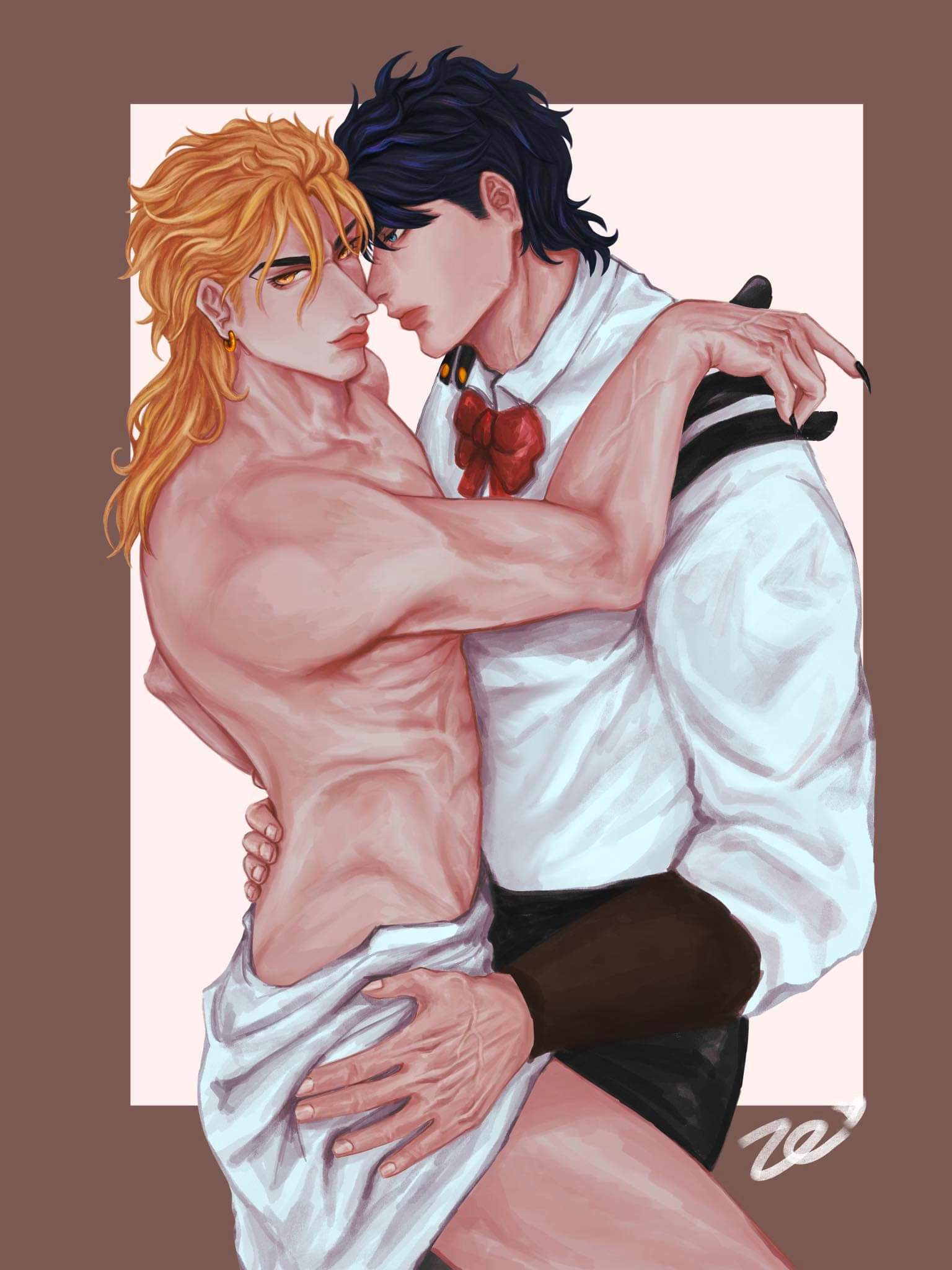 2boys black_nails blonde_hair blue_eyes blue_hair chain12123871 dio_brando gay jojo's_bizarre_adventure jonathan_joestar long_hair long_sleeves male male/male male_only multiple_boys muscular muscular_male pants pectorals phantom_blood shirt short_hair thigh_grab thighs yaoi yellow_eyes