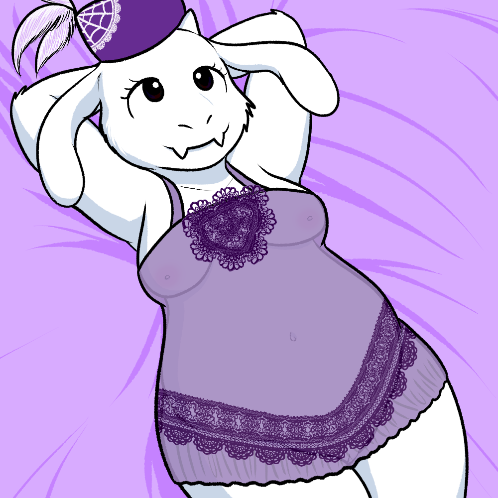 1:1 1girls anthro black_eyes breasts clothing dress eyelashes female fur furry genitals goat hands_behind_head hat headgear headwear mature_female milf navel nipples nishi_oxnard purple_clothing purple_dress purple_hat purple_headwear purple_sheets pussy smile solo toriel translucent translucent_clothing undertale undertale_(series) white_body white_fur