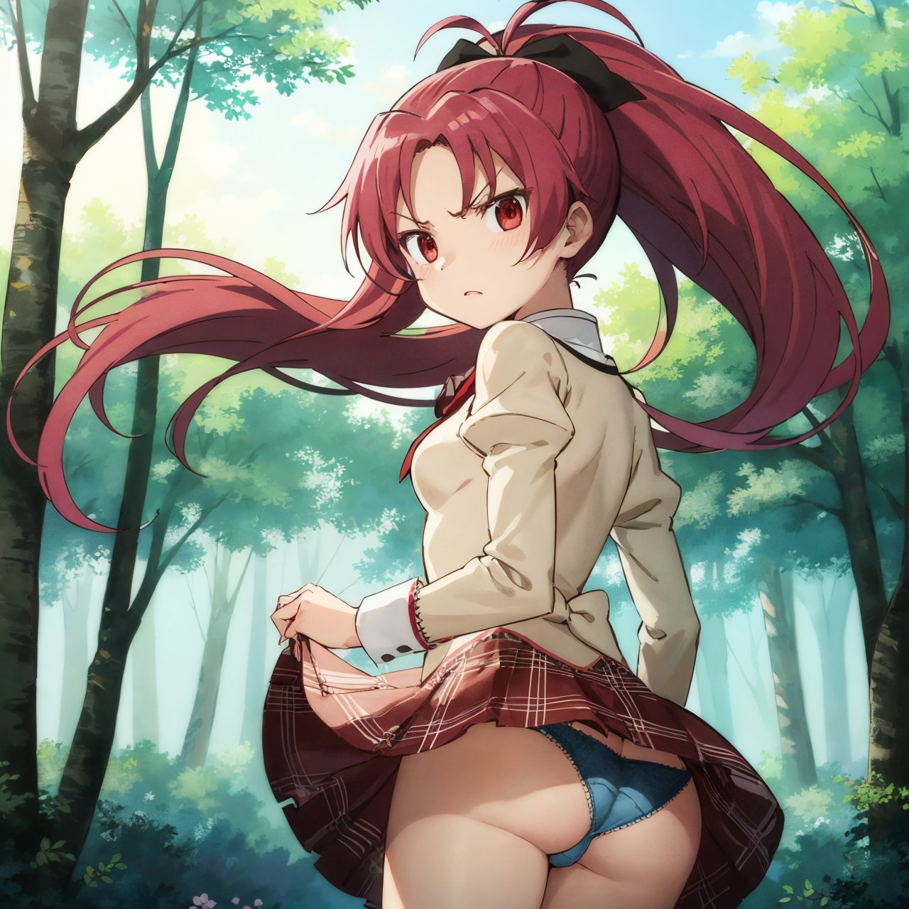 ai generated, angry face, artist request, ass, blue panties, disgusted, female, long ponytail, looking back, looking back at viewer, magical girl, mahou shoujo madoka magica, panties, panty shot, ponytail, puella magi madoka magica, red eyes, ribbon, sakura kyouko, school uniform, schoolgirl, solo, solo female, solo focus, visible underwear