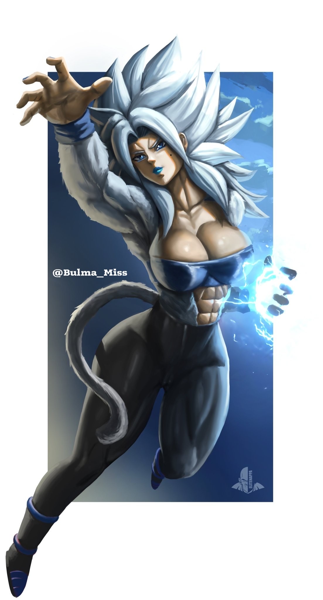 1girls big_breasts blue_eyes blue_lipstick boots commission dragon_ball dragon_ball_gt dragon_ball_super dragon_ball_xenoverse dragon_ball_z elitenappa energy_ball female female_focus female_saiyan latex leggings light-skinned_female lunna oc original_character saiyan_tail super_saiyan_4 super_saiyan_5 thick_thighs