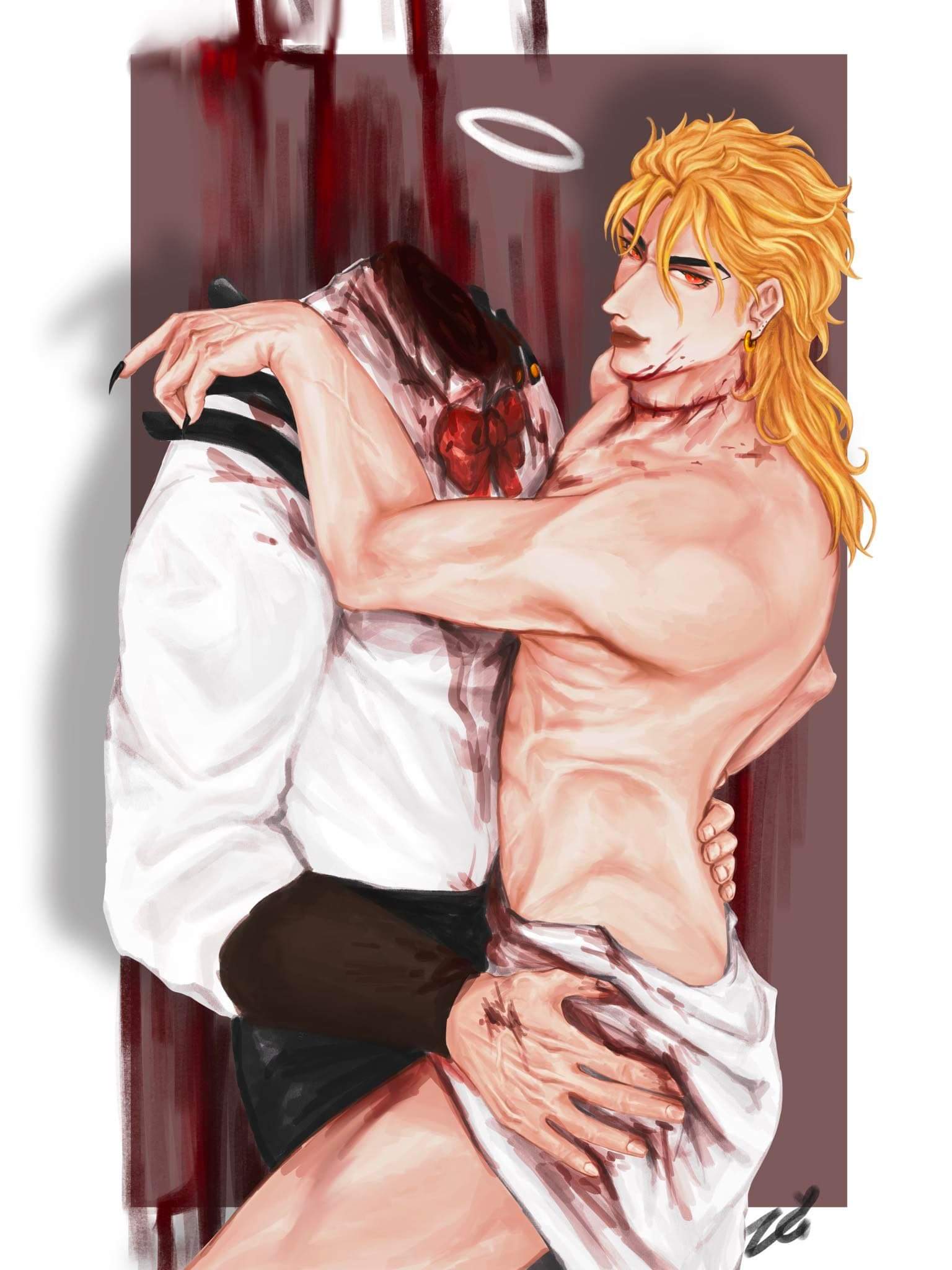 2boys birthmark black_nails bleeding blonde_hair blood blood_on_clothes chain12123871 decapitation dio_brando gay guro headless joestar_birthmark jojo's_bizarre_adventure jonathan_joestar long_hair long_sleeves male male/male male_only multiple_boys muscular muscular_male pants pectorals phantom_blood shirt short_hair smile thigh_grab thighs yaoi yellow_eyes