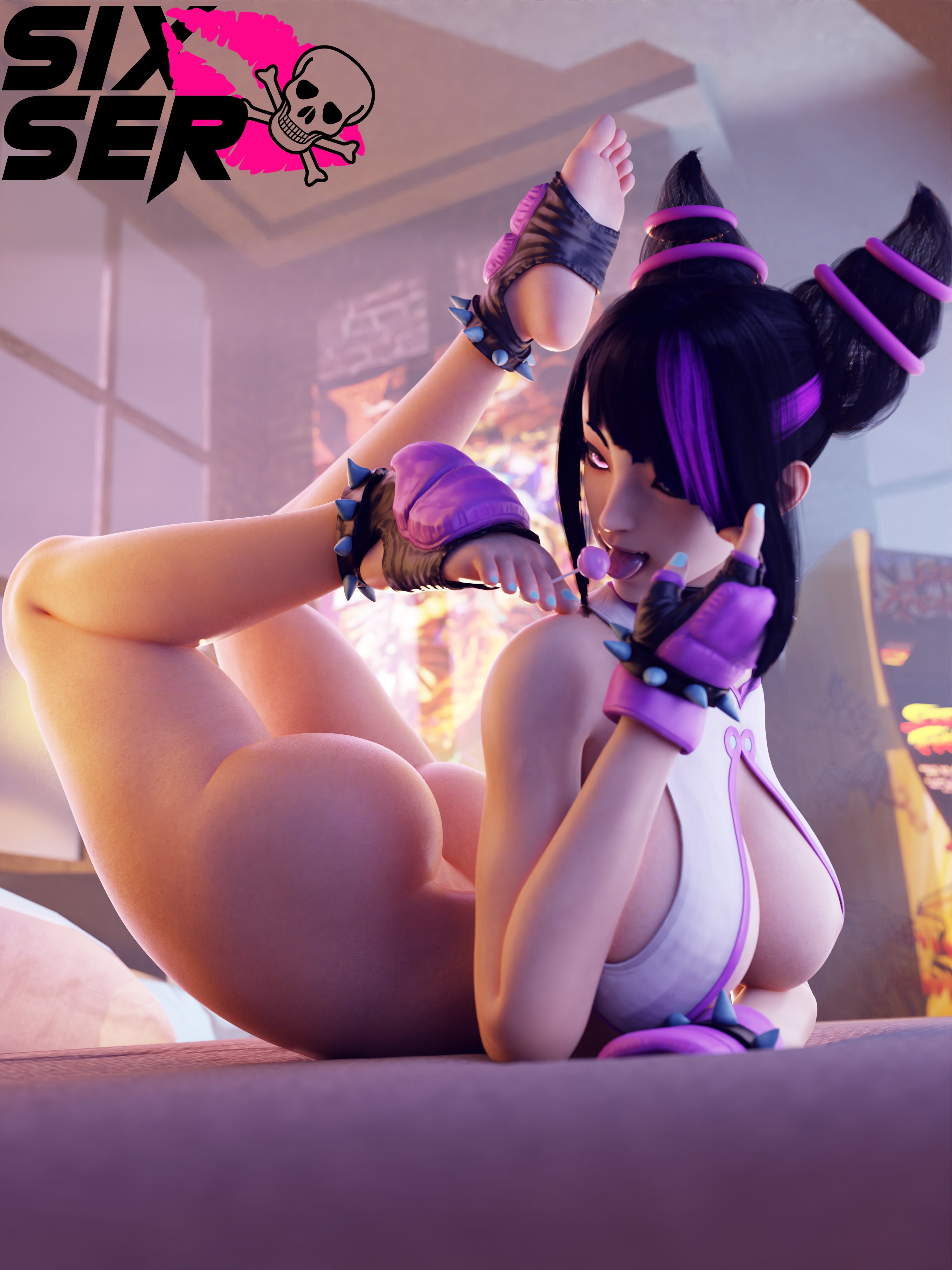 1girls, 3d, breasts, feet, female, female only, flexible, half naked, juri han, large breasts, lollipop, sixser, solo, solo female, street fighter, street fighter 6, tagme