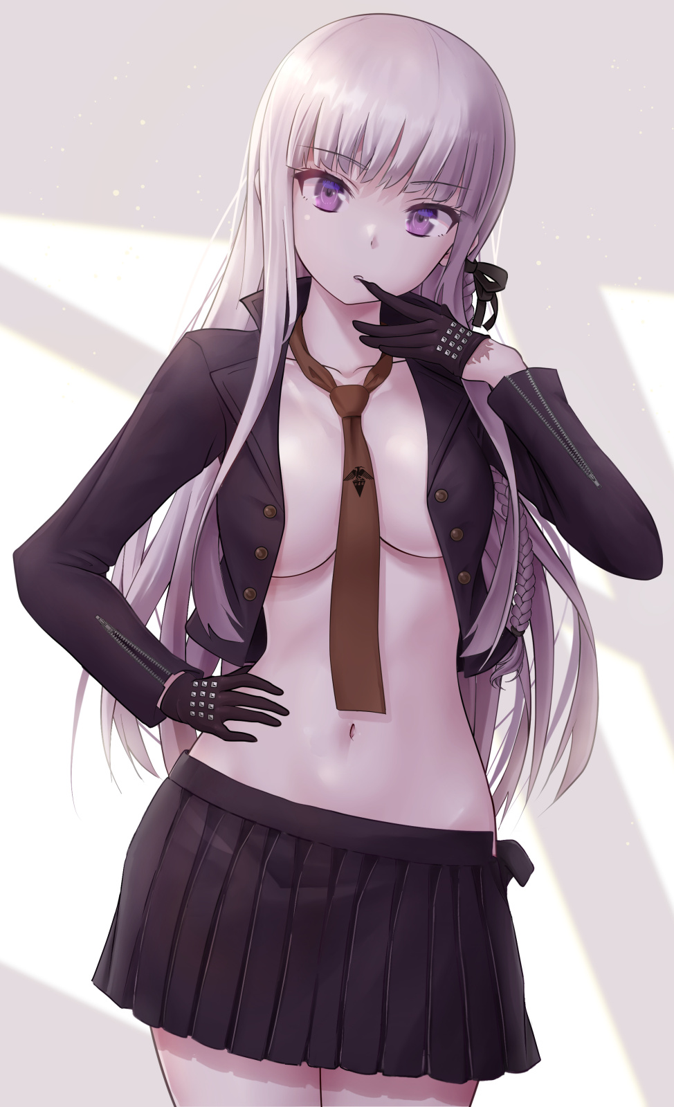 1girls, alternate version available, curious, danganronpa, danganronpa: trigger happy havoc, female, female only, gloves, kirigiri kyouko, long hair, nanikairu, pasya-pasya, pink eyes, pink hair, skirt, smile, smooth skin, standing, stomach, tie, white background