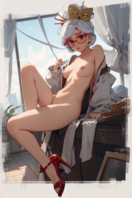 1girls, ai generated, breasts, female, glasses, hair ornament, high heels, naked, naked female, nintendo, nipples, purah, purah (tears of the kingdom), pussy, red glasses, red high heels, sheikah, tears of the kingdom, the legend of zelda, vagina, white hair, white jacket