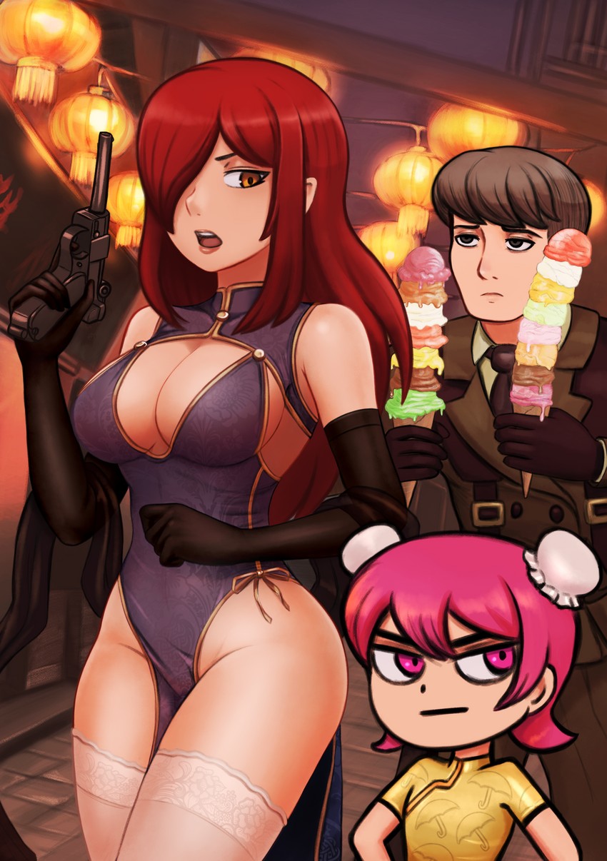 2023, 2girls, adam kapowski, angry, angry face, big breasts, breasts, female, holding object, ice cream, light skin, light-skinned female, long hair, nowajoestar, parasoul, pink eyes, pink hair, red hair, sisters, skullgirls, tagme, umbrella (skullgirls), yellow eyes