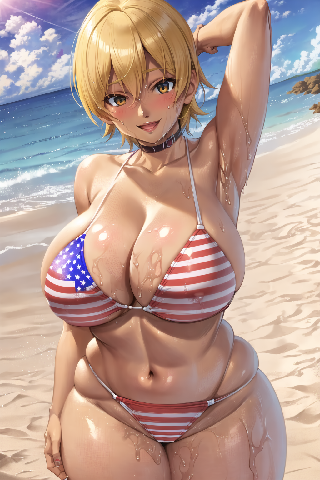 ai_generated american_flag_bikini huge_breasts mito_ikumi shokugeki_no_souma smiling the_hotshot thick_thighs