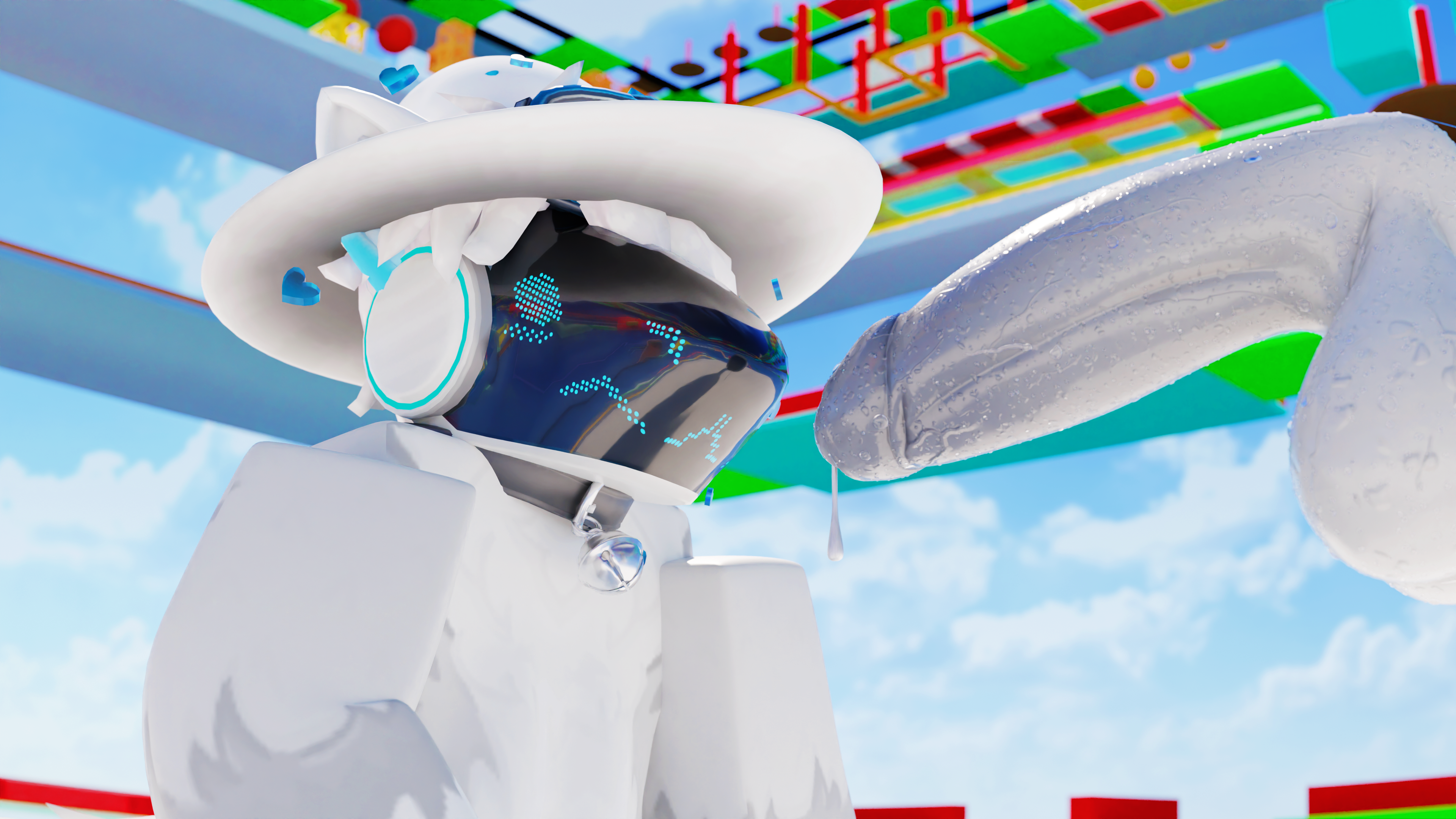 3d, background, blush, collar, erect penis, erection, file tex, floating penis, fur, furry, furry ears, furry only, hair, humanoid penis, male, male focus, nearlyepoint, obby, penis, protogen, roblox, robloxian, screen face, white hair, wizard hat