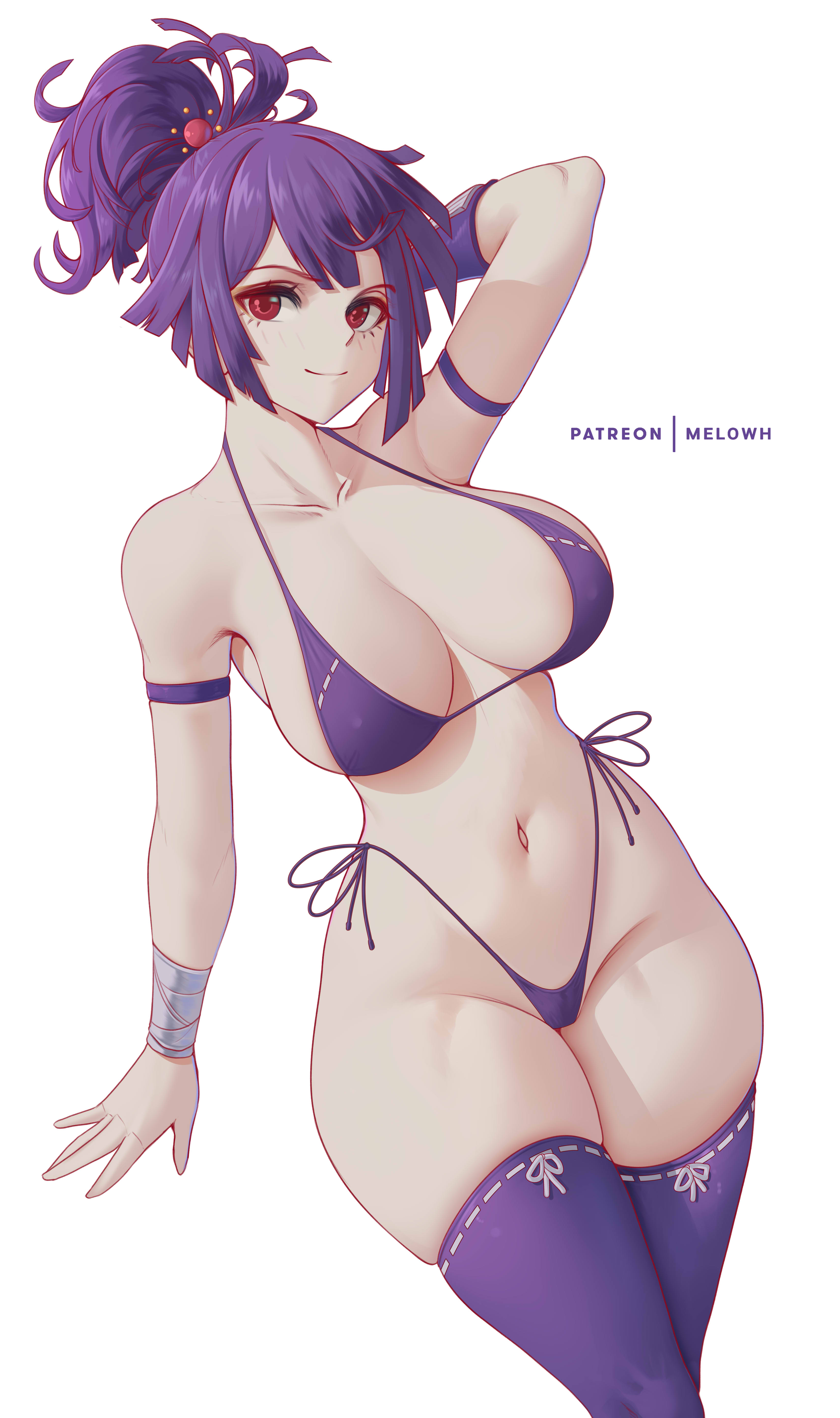 1girls, bikini, breasts, cleavage, female, female only, hi res, huge breasts, jigokuraku, light skin, light-skinned female, melowh, naughty face, purple eyes, purple hair, smile, thick thighs, yuzuriha (jigokuraku)
