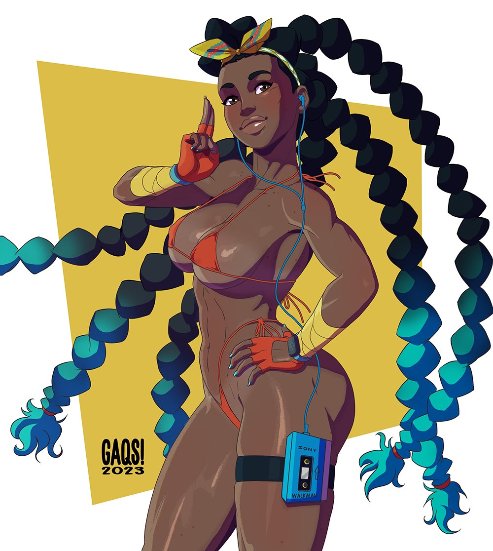 1girls, ass, big ass, big breasts, bikini, braided hair, breasts, capcom, curvy, dark skin, dark-skinned female, dreadlocks, female, female only, gaqs!, huge ass, kimberly jackson, muscular, shiny skin, solo, street fighter, street fighter 6, thick thighs, thong, thong bikini, two-tone hair, wide hips