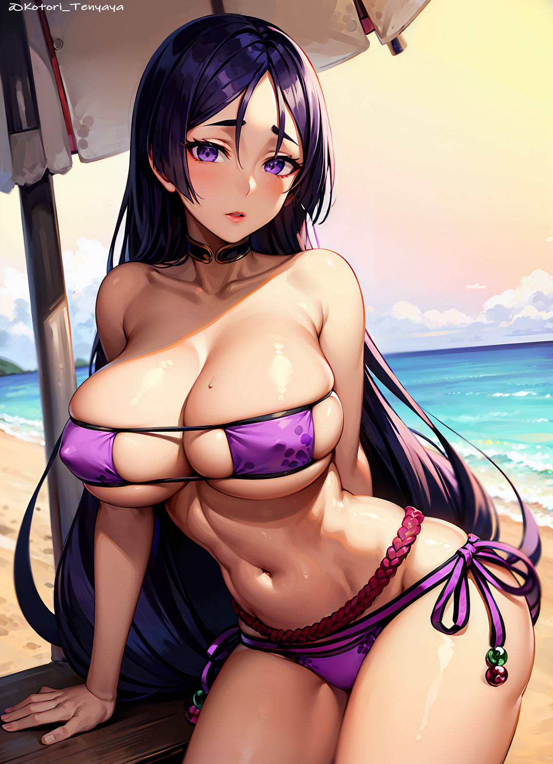 1girls, ai generated, beach, bikini, breasts, eyepatch bikini, fate (series), fate/grand order, female, hips, huge breasts, light skin, light-skinned female, long hair, mature female, milf, minamoto no raikou (fate/grand order), minamoto no raikou (swimsuit lancer), outdoors, purple bikini, purple eyes, purple hair, stable diffusion, thick thighs, thighs, wide hips