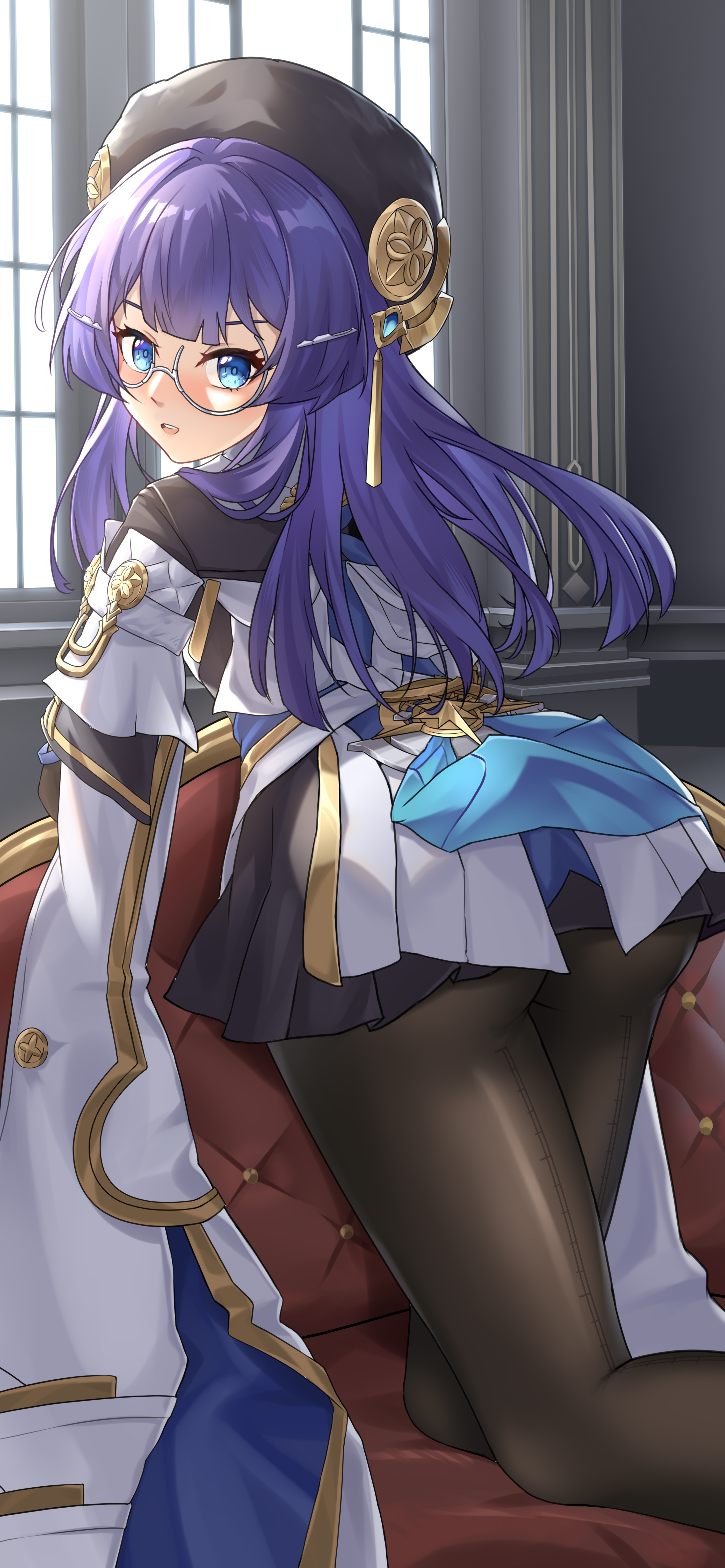 1girls, ass, blue clothing, blue eyes, blue hair, chair, cute, female, female only, glasses, hat, honkai (series), honkai: star rail, long hair, looking at viewer, looking back, pantyhose, pela (honkai: star rail), solo, thick thighs, wide hips, window