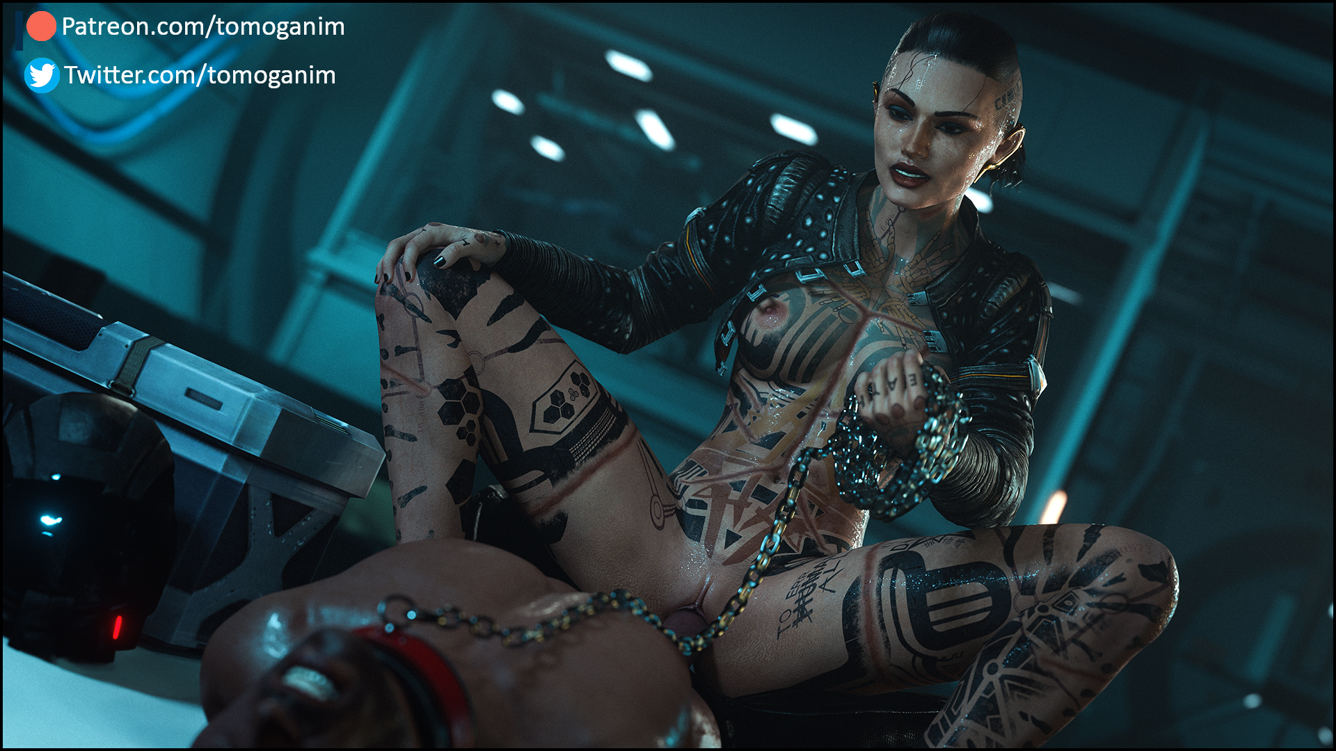 1boy, 1girls, 3d, bioware, chains, cowgirl position, dark skin, dark-skinned male, female, female on top, femdom, indoors, interracial, jack (mass effect), light skin, light-skinned female, looking at partner, male, mass effect, partially clothed, penis, riding, riding penis, sex, sweat, sweating, tattoo, tomoganim