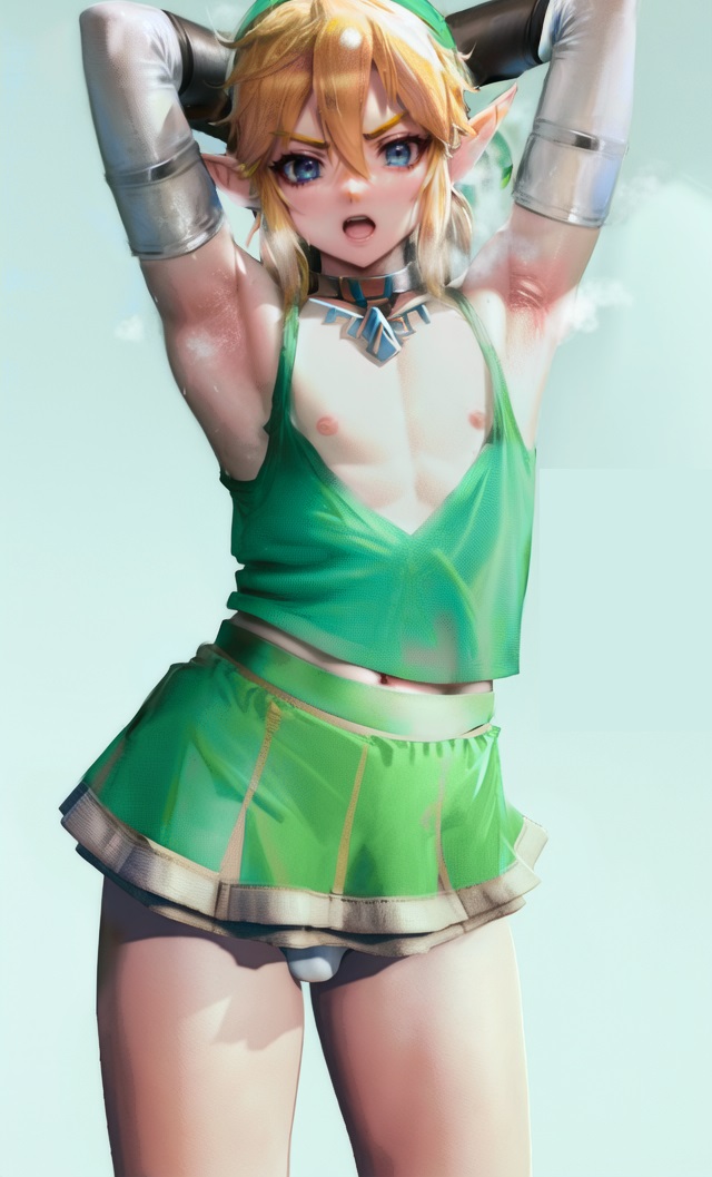 1boy, ai generated, armpits, balls, balls bulge, balls in panties, balls under clothes, crossdressing, crossdressing male, dancing, femboy, feminine male, flaccid, girly, hands behind head, hdregrets, link, male, male only, panties, panty bulge, penis, penis bulge, penis in panties, penis under clothes, stable diffusion, the legend of zelda, trap