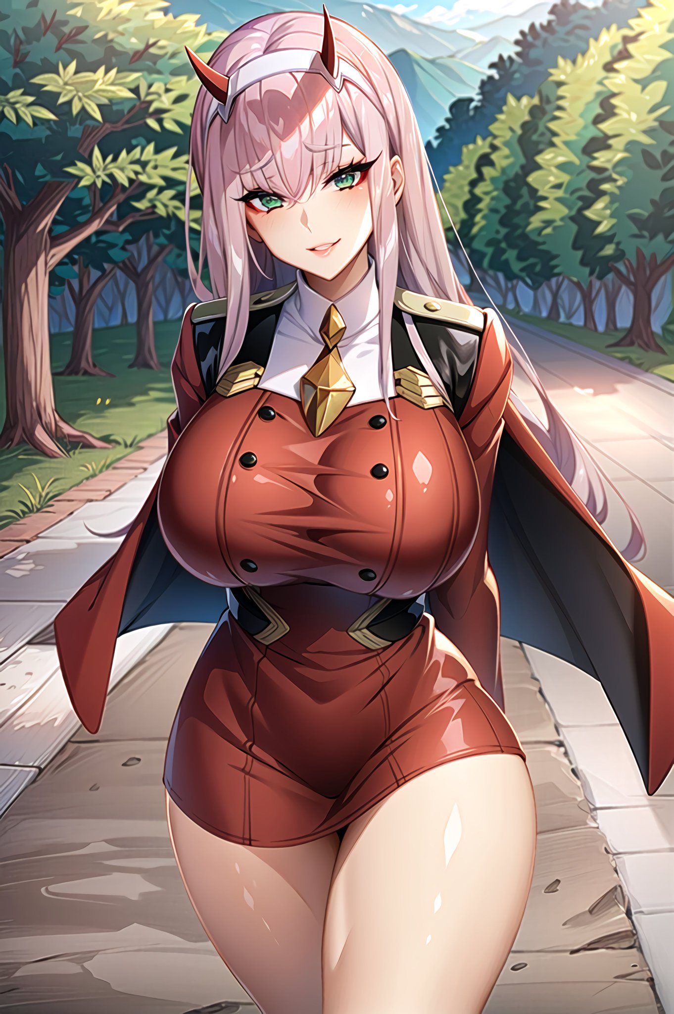 1girls, ai generated, breasts, curvaceous, curvy body, curvy figure, darling in the franxx, female, female focus, female only, hi res, horns, huge breasts, long hair, pink hair, solo female, solo focus, stable diffusion, zero two (darling in the franxx)