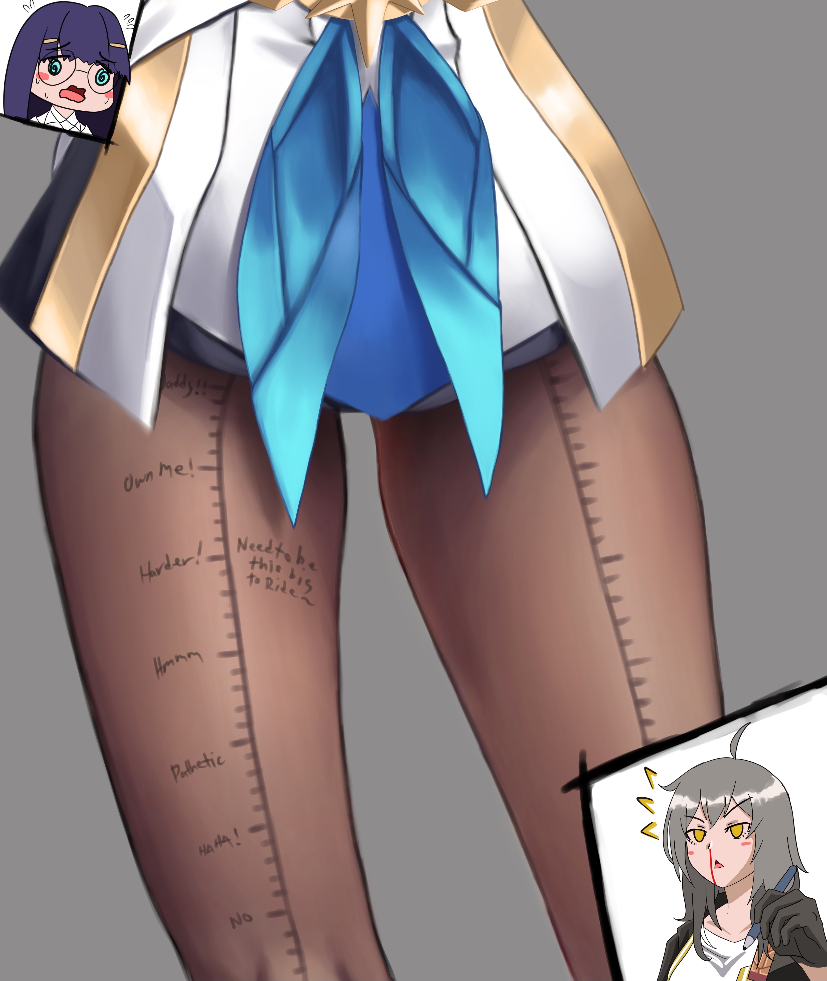 1girls, blue eyes, blue hair, body writing, female, glasses, honkai (series), honkai: star rail, long hair, measuring, measuring penetration depth, milarkavelik, nosebleed, pantyhose, pela (honkai: star rail), penetration depth mark, stelle (honkai: star rail), thigh gap, thighs