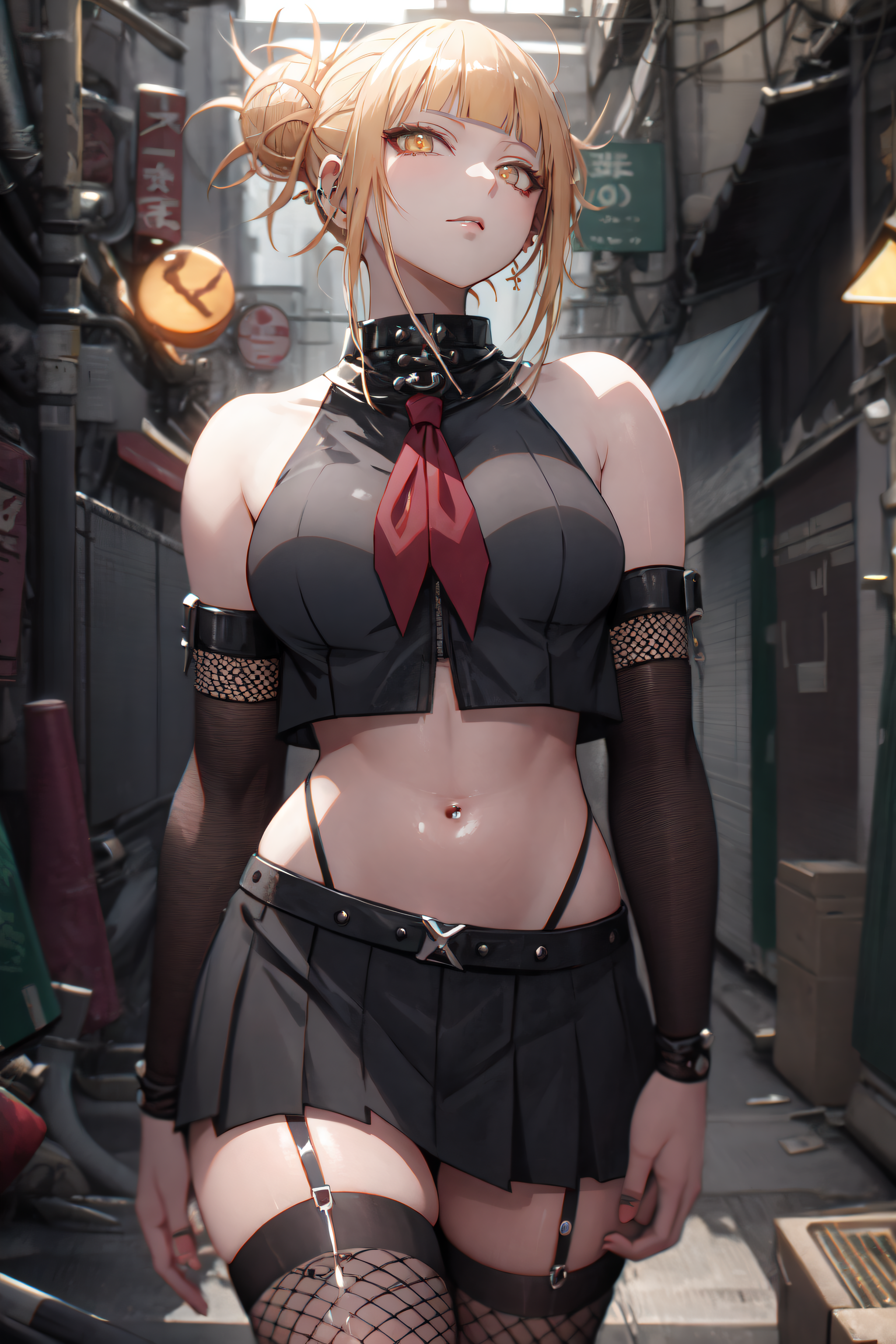 1girls, ai generated, athletic, athletic female, blonde hair, breasts, female, fishnet thighhighs, fishnets, goth, goth girl, highleg panties, himiko toga, human, midriff, my hero academia, school uniform, schoolgirl, skirt, stable diffusion, toga himiko, yellow eyes